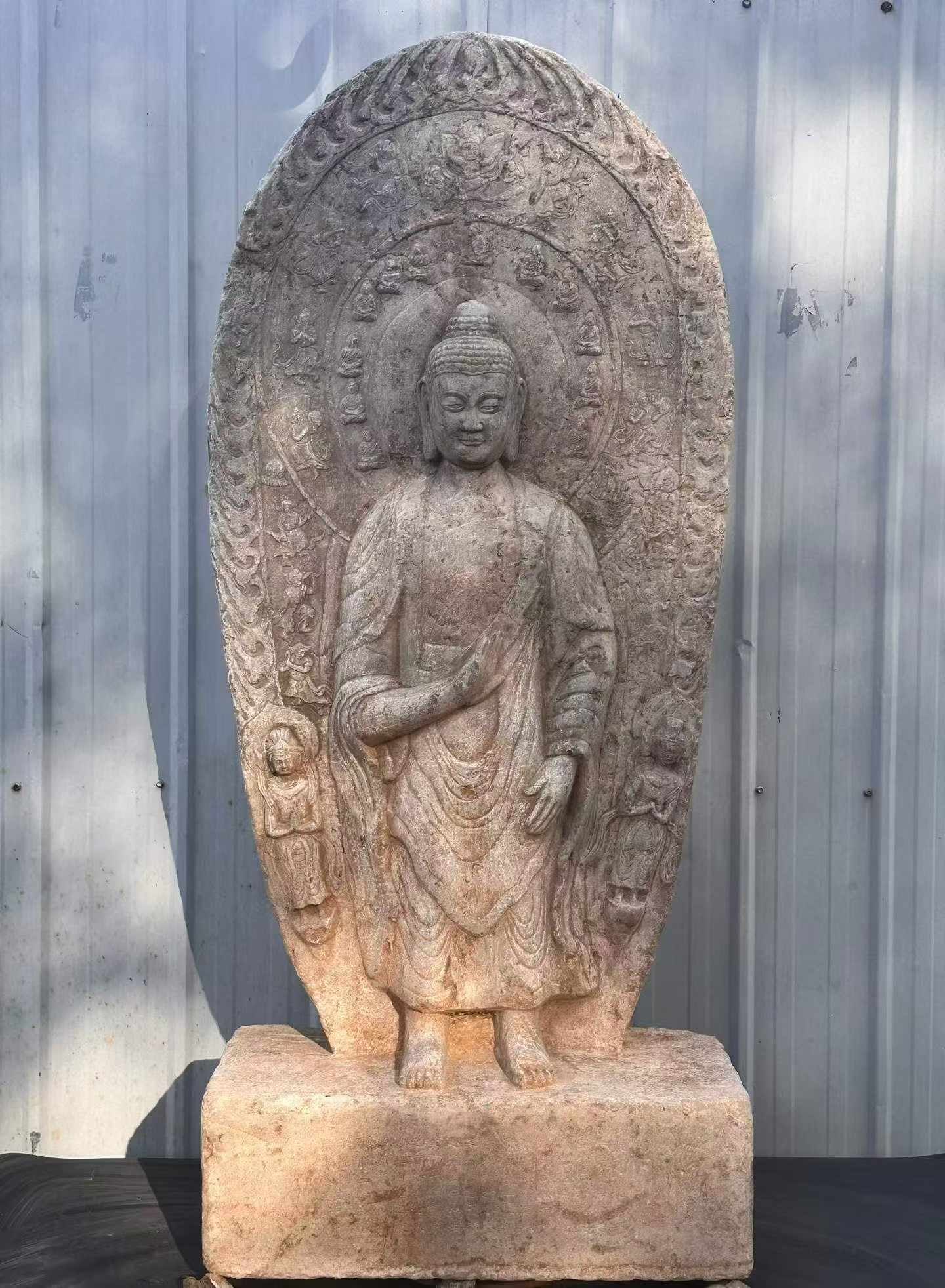Bluestone Buddha Statue with Backrest, Northern Wei Dynasty: Bluestone Buddha Statue with Backrest, Northern Wei DynastyH 150 cm, L 67 cm, Thickness 30 cm