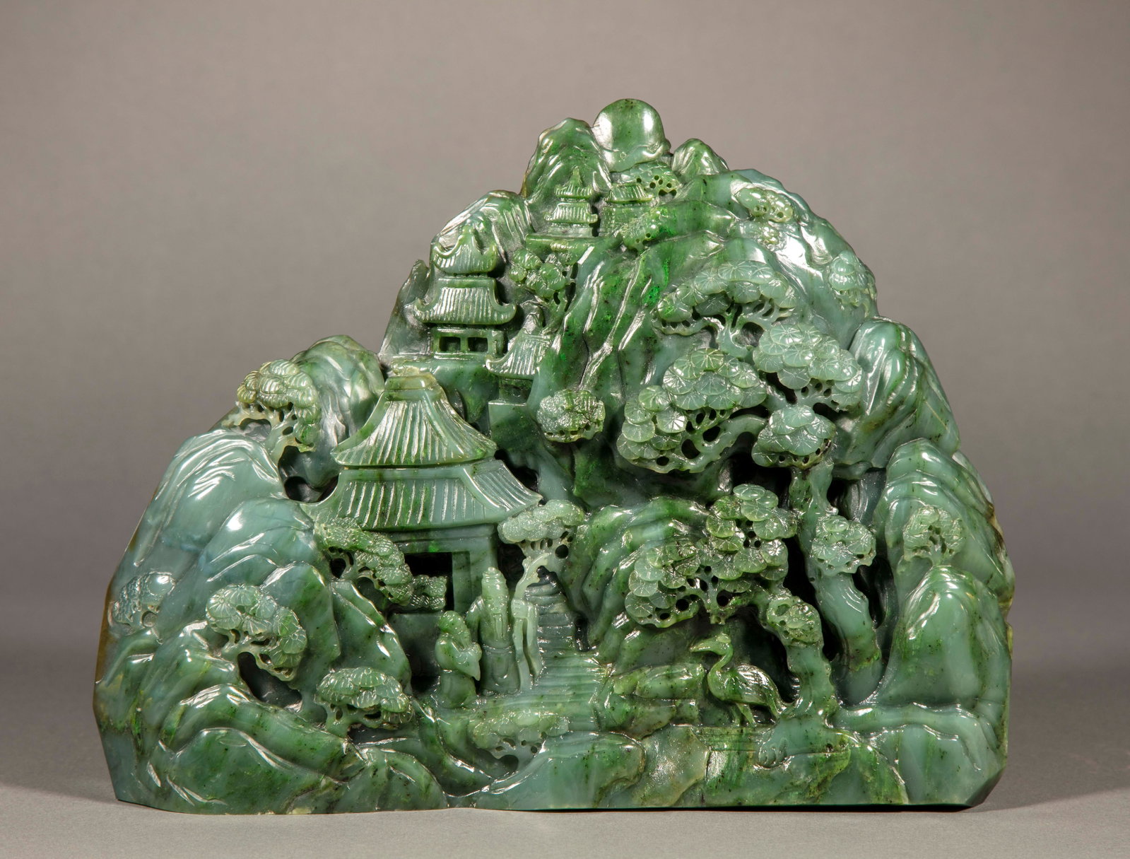 Hetian Jasper Mountain Carving with Narrative Figure Scenes: Hetian Jasper Mountain Carving with Narrative Figure ScenesH 23 cm, L 30 cm, W 6 cm