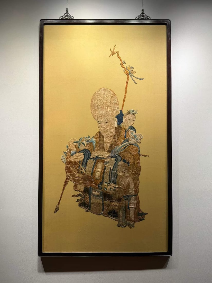 Fine Early Qing Suzhou Embroidery Panel Fu, Lu & Shou Three Star Gods (1 of 8)