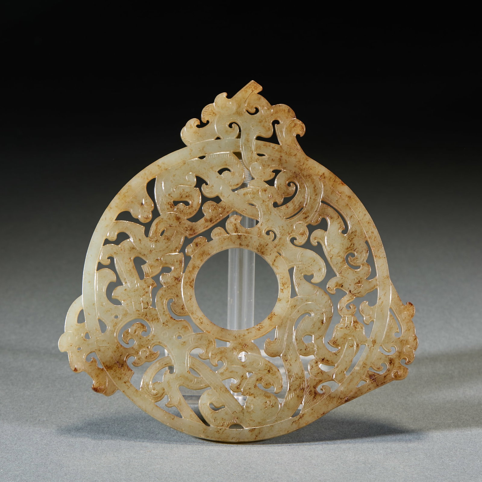 PreMing Jade Bi Disc Carved with Chi Dragon Patterns: PreMing Jade Bi Disc Carved with Chi Dragon PatternsL 13.3 cm, W 12.8 cm
