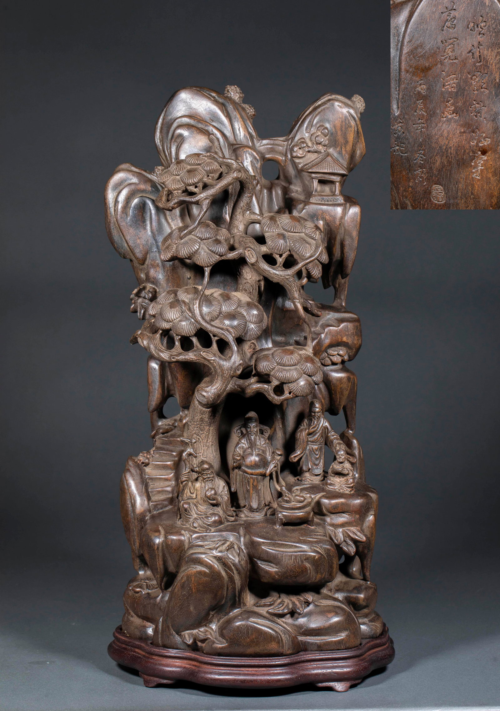Agarwood Mountain Carving Depicting Fu, Lu & Shou: Agarwood Mountain Carving Depicting Fu, Lu & ShouH 41 cm, L 18 cm, W 15 cm