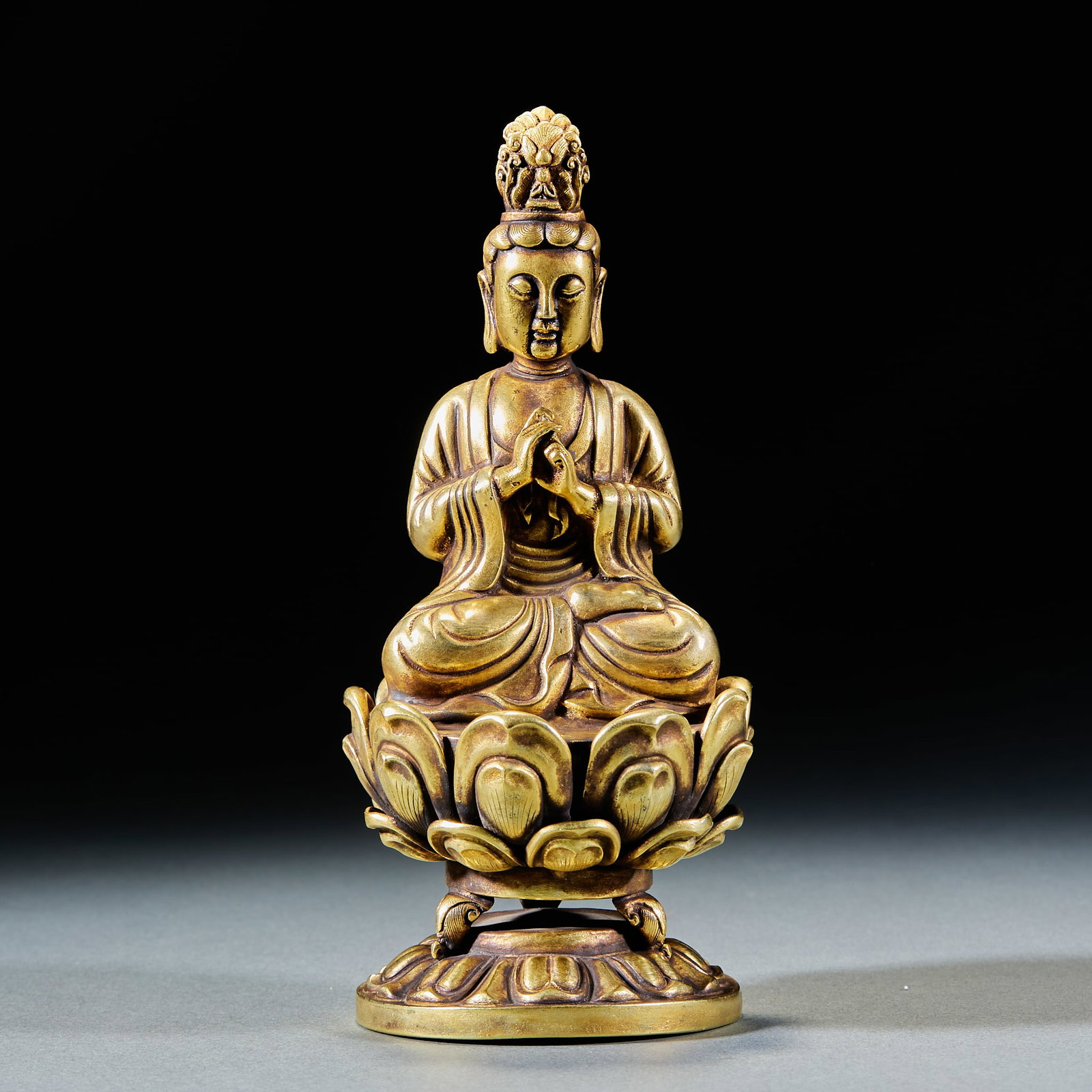 Silver Gilt Seated Bodhisattva Statue: Silver Gilt Seated Bodhisattva StatueH 18 cm, Diam. 7.5 cm