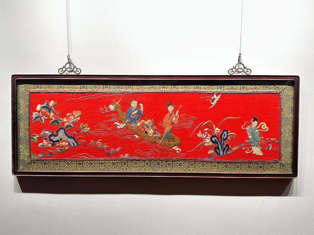 Late Qing Embroidery Panel Offering Longevity at the Jade Lake Fairyland: Late Qing Embroidery Panel Offering Longevity at the Jade Lake FairylandL 113 cm, W 42 cm