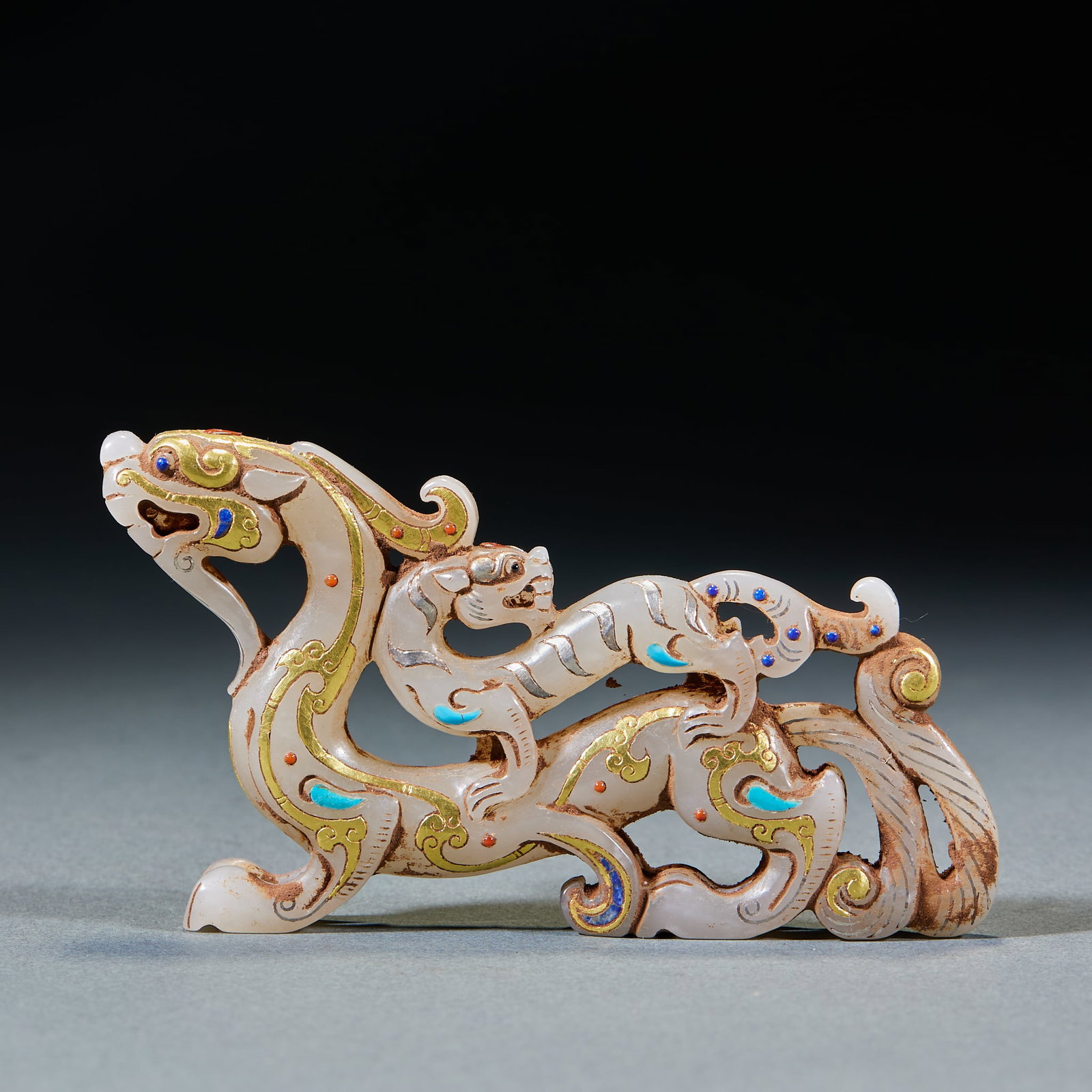 GoldInlaid Jade Ornament of Mother and Baby Divine Beasts: GoldInlaid Jade Ornament of Mother and Baby Divine BeastsH 6 cm, L 11 cm, W 1 cm