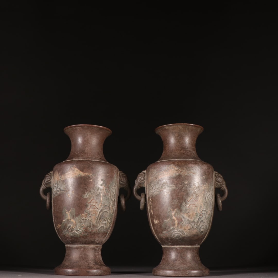 Pair of Purple Clay ElephantEar Vases with Hidden Landscape Painted Slips, Signed Wang Nanlin: Pair of Purple Clay ElephantEar Vases with Hidden Landscape Painted Slips, Signed Wang NanlinH 18.5 cm, W 11.8 cm