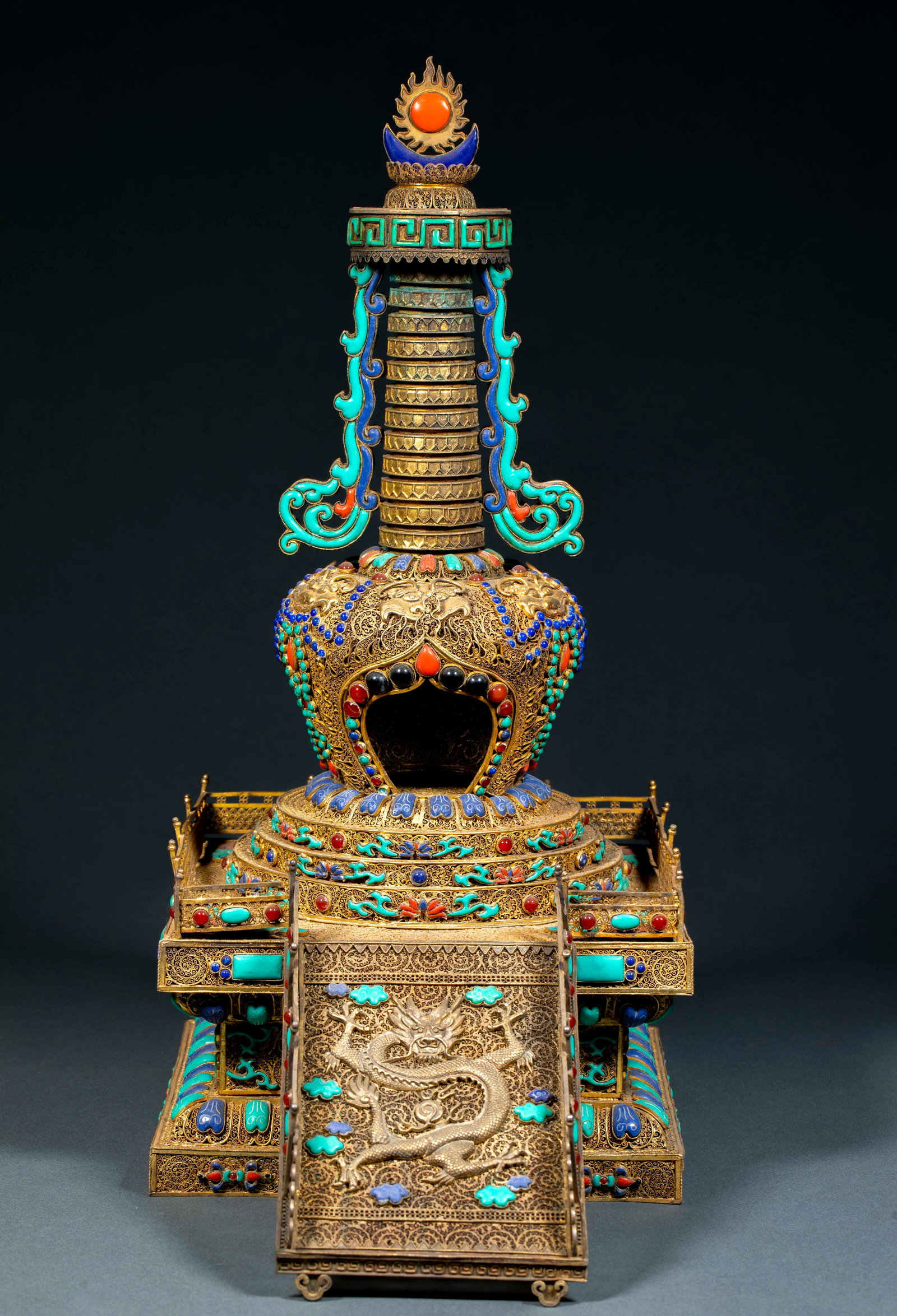 Silver Gilt Filigree Inlaid Buddha Niche: Silver Gilt Filigree Inlaid Buddha NicheH 44 cm, L 35 cm, W 21 cm