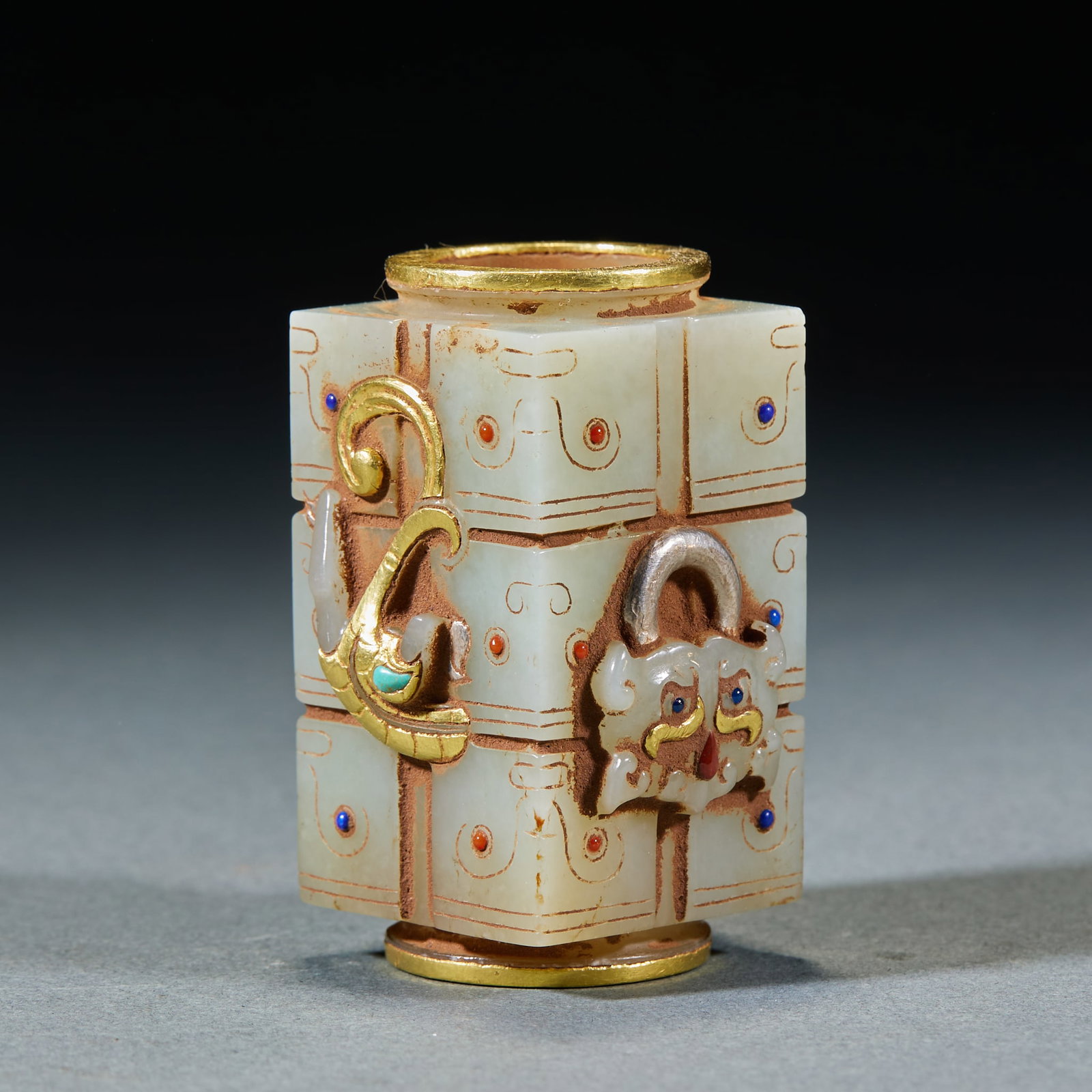 GoldInlaid Jade Cong Ritual Tube: GoldInlaid Jade Cong Ritual TubeH 5.5 cm, L 3 cm, W 3 cm