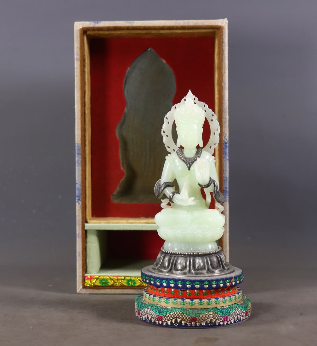 One Buddha Statue Carved from Hetian Jade with Solid Silver Base - 2