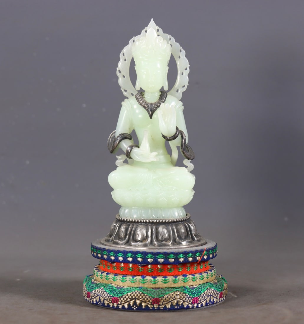One Buddha Statue Carved from Hetian Jade with Solid Silver Base - 3