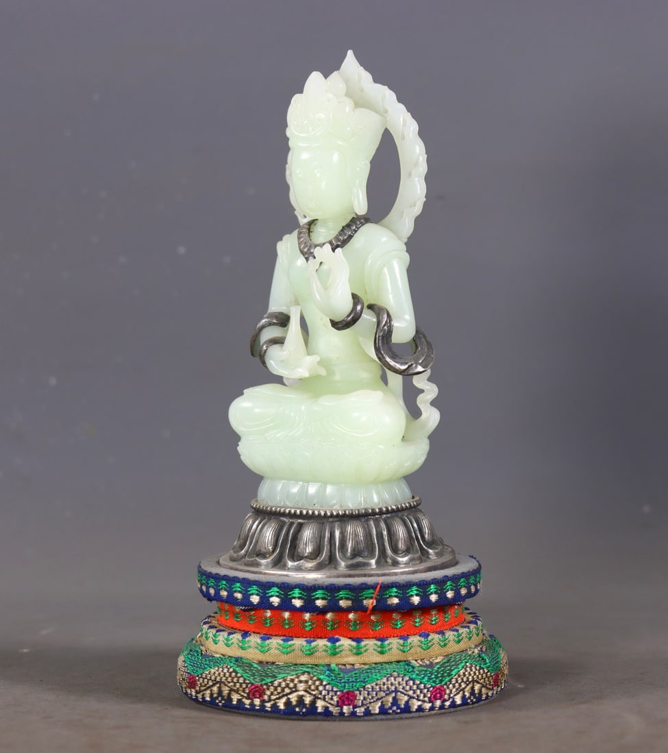 One Buddha Statue Carved from Hetian Jade with Solid Silver Base - 4