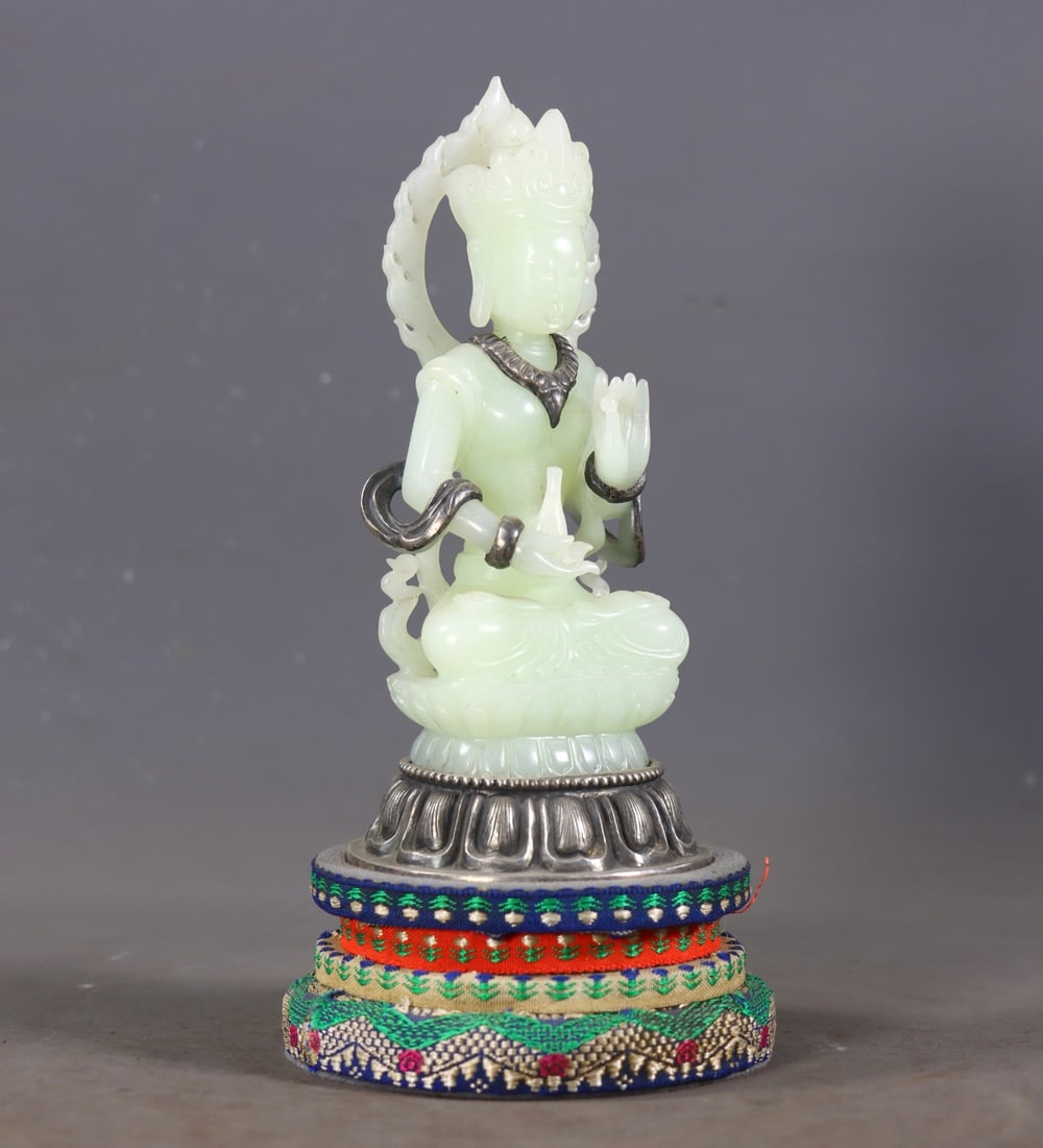 One Buddha Statue Carved from Hetian Jade with Solid Silver Base - 5