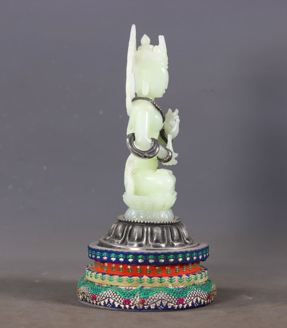 One Buddha Statue Carved from Hetian Jade with Solid Silver Base - 6