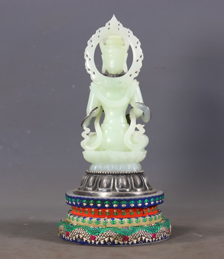 One Buddha Statue Carved from Hetian Jade with Solid Silver Base - 7
