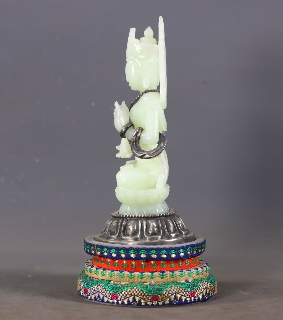 One Buddha Statue Carved from Hetian Jade with Solid Silver Base - 8