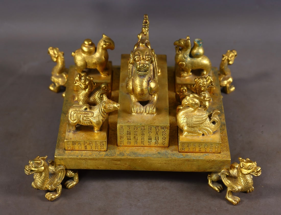 Complete Set of Red Copper Gilt Bronze Seals: Complete Set of Red Copper Gilt Bronze SealsOverall H 14 cm, Base H 8 cm, Base L 22 cm, Base W 20.5 cm; Large Seal: H 10 cm, L 12 cm, W 5 cm; Small Seal: H 6 cm, L 4 cm, W 4 cm