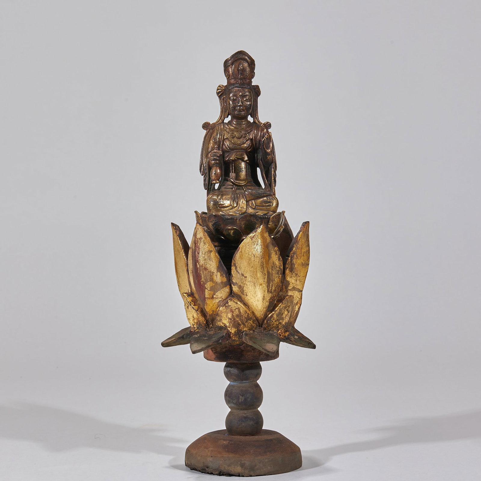 PreMing Seated Guanyin with Holy Water Vase (Cypress Wood Base): PreMing Seated Guanyin with Holy Water Vase (Cypress Wood Base)Overall H 32.5 cm, Buddha Figure H 18 cm, Diam. 7 cm