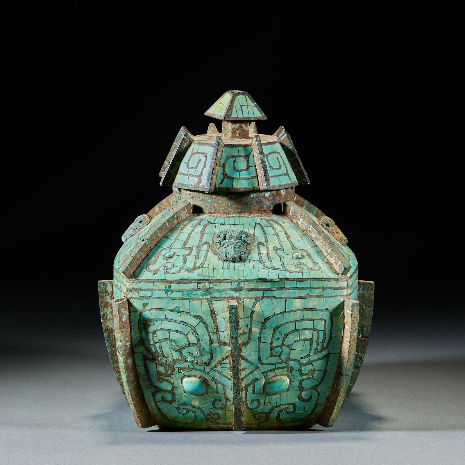 Bronze Square Lei Ritual Vessel Inlaid with Turquoise, Mask Taotie Pattern: Bronze Square Lei Ritual Vessel Inlaid with Turquoise, Mask Taotie PatternH 21 cm, L 15 cm, W 15 cm