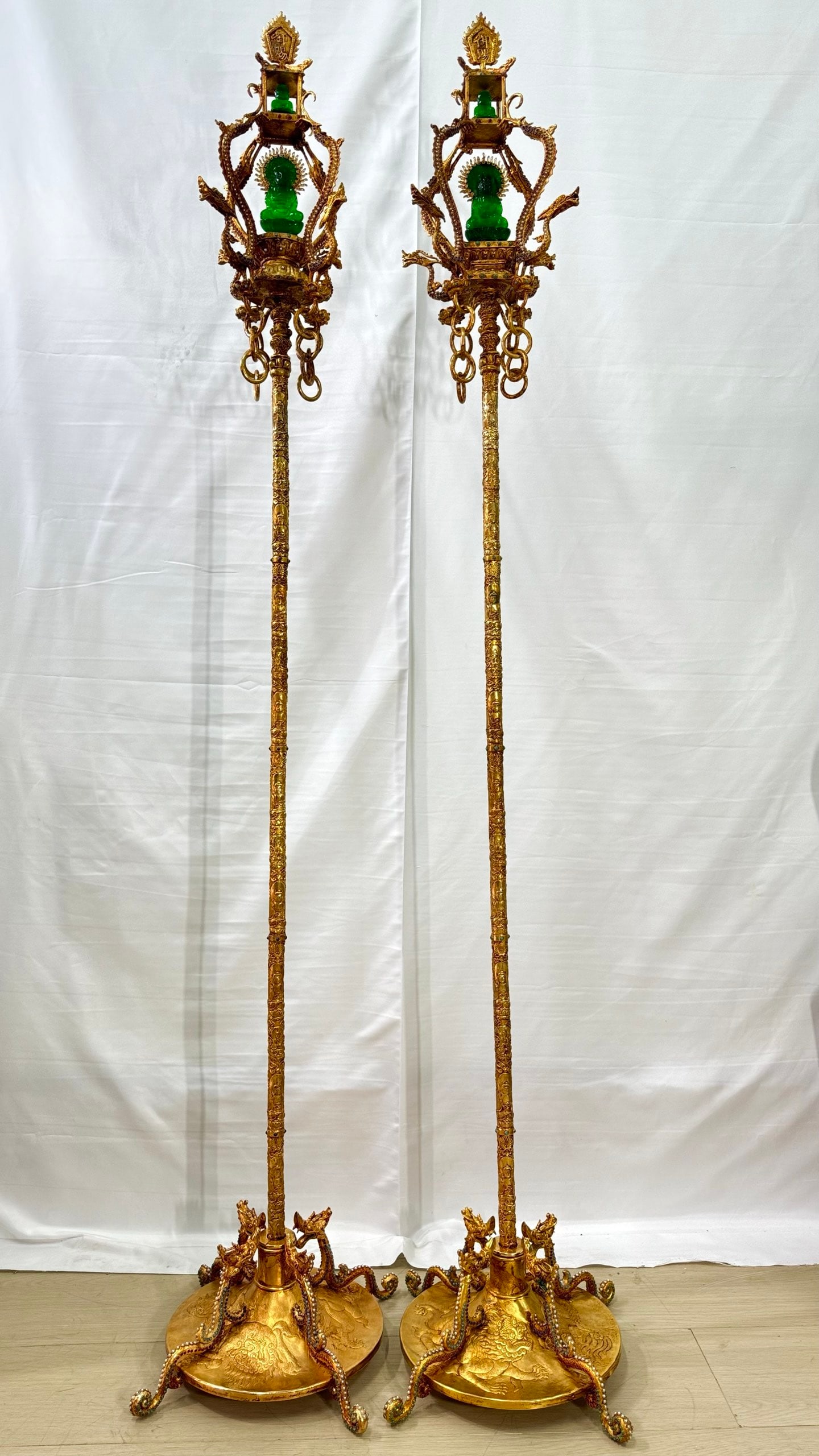 Gilt Jeweled Monks Staff Set with HighClarity Ice Emeralds: Gilt Jeweled Monks Staff Set with HighClarity Ice EmeraldsH 183 cm, W 23 cm