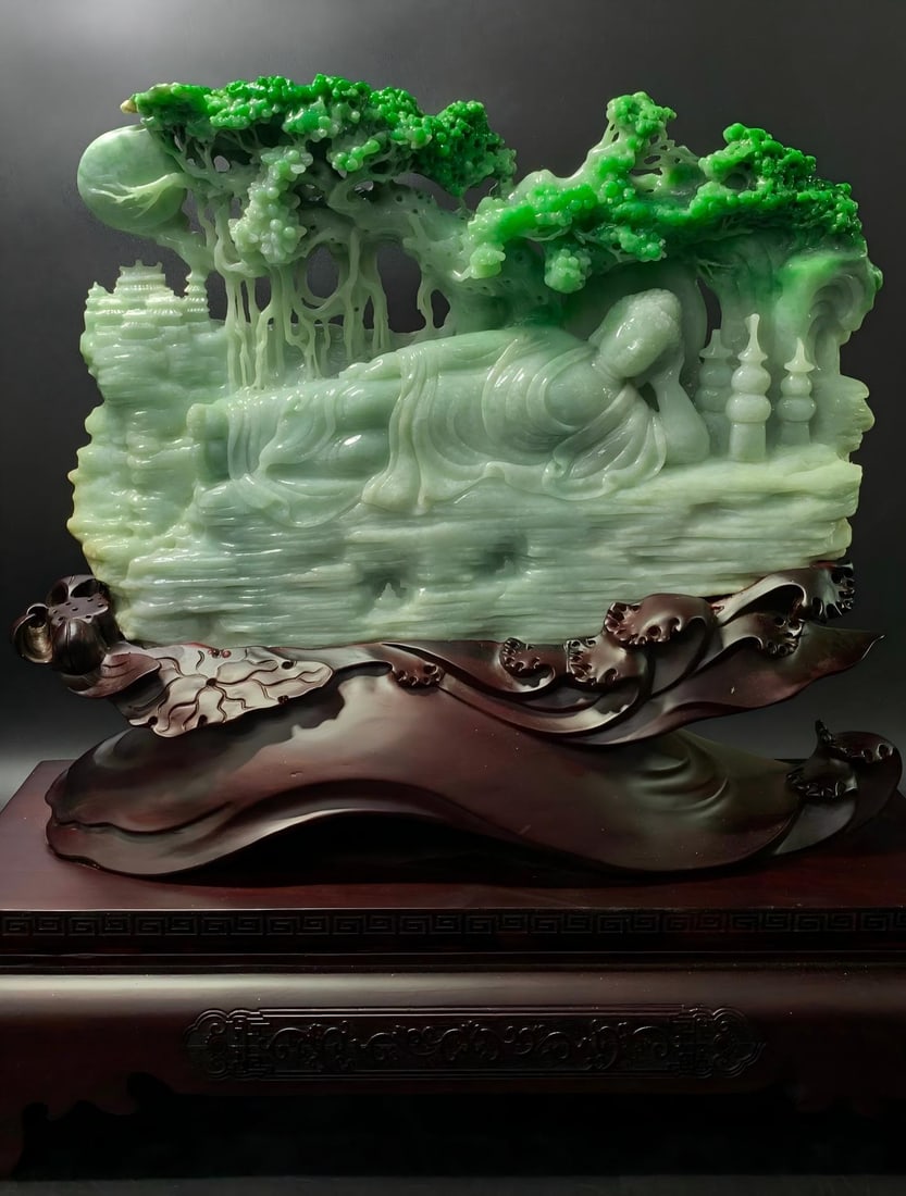 Emerald Sculpture: Reclining Buddha: Emerald Sculpture: Reclining BuddhaH 38 cm, W 34 cm