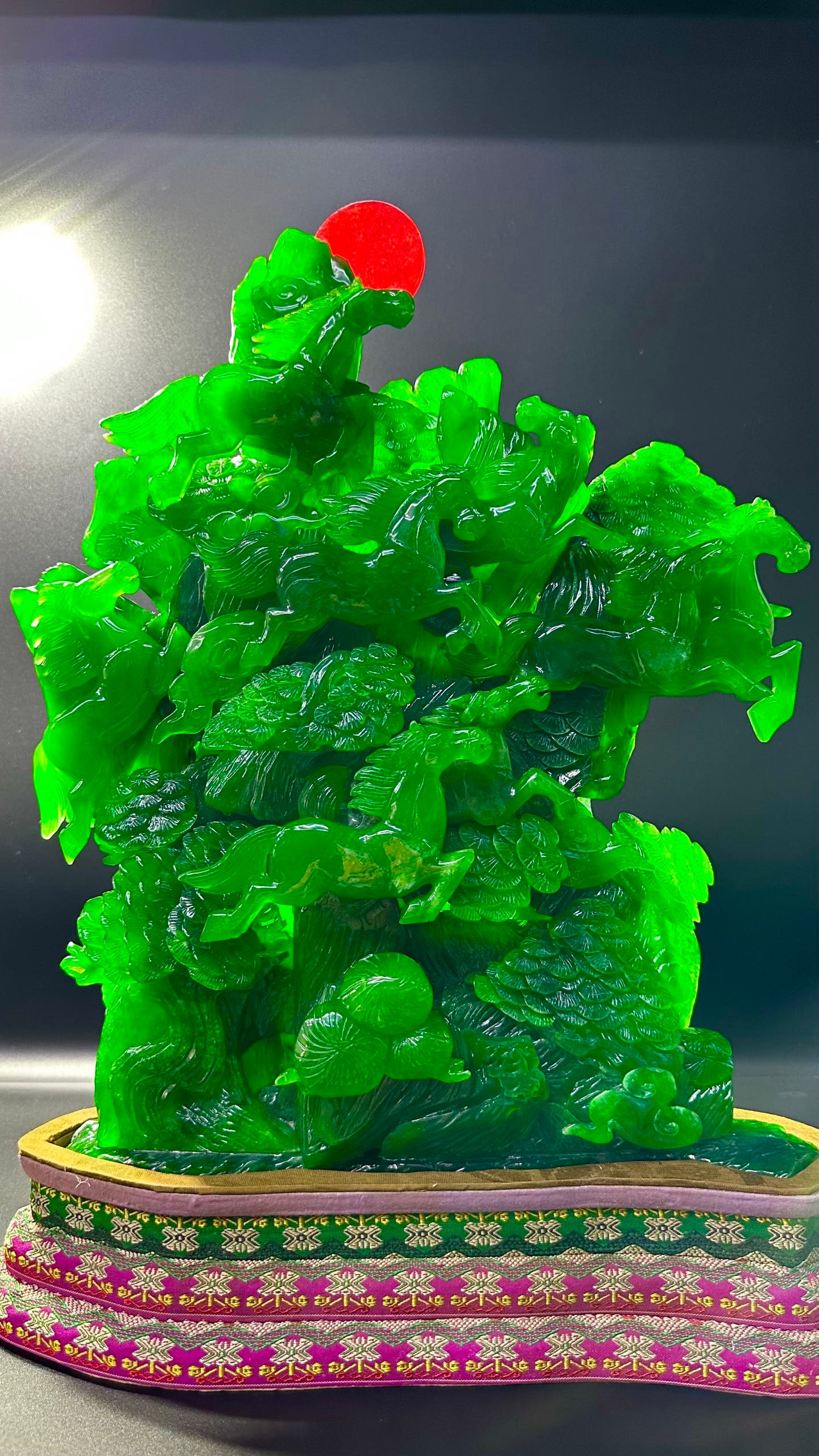 Translucent Emerald Ornament: The Eight Fine Horses: Translucent Emerald Ornament: The Eight Fine HorsesH 52 cm, W 40 cm