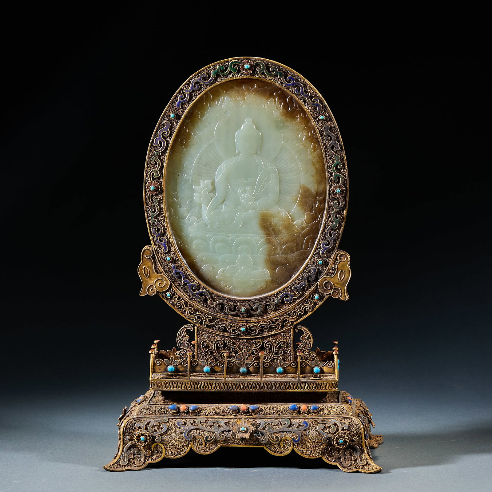 Filigree Gilt JadeInlaid Table Screen Engraved with Buddhist Verses & Buddha Figure: Filigree Gilt JadeInlaid Table Screen Engraved with Buddhist Verses & Buddha FigureH 38 cm, L 25 cm, W 14 cm