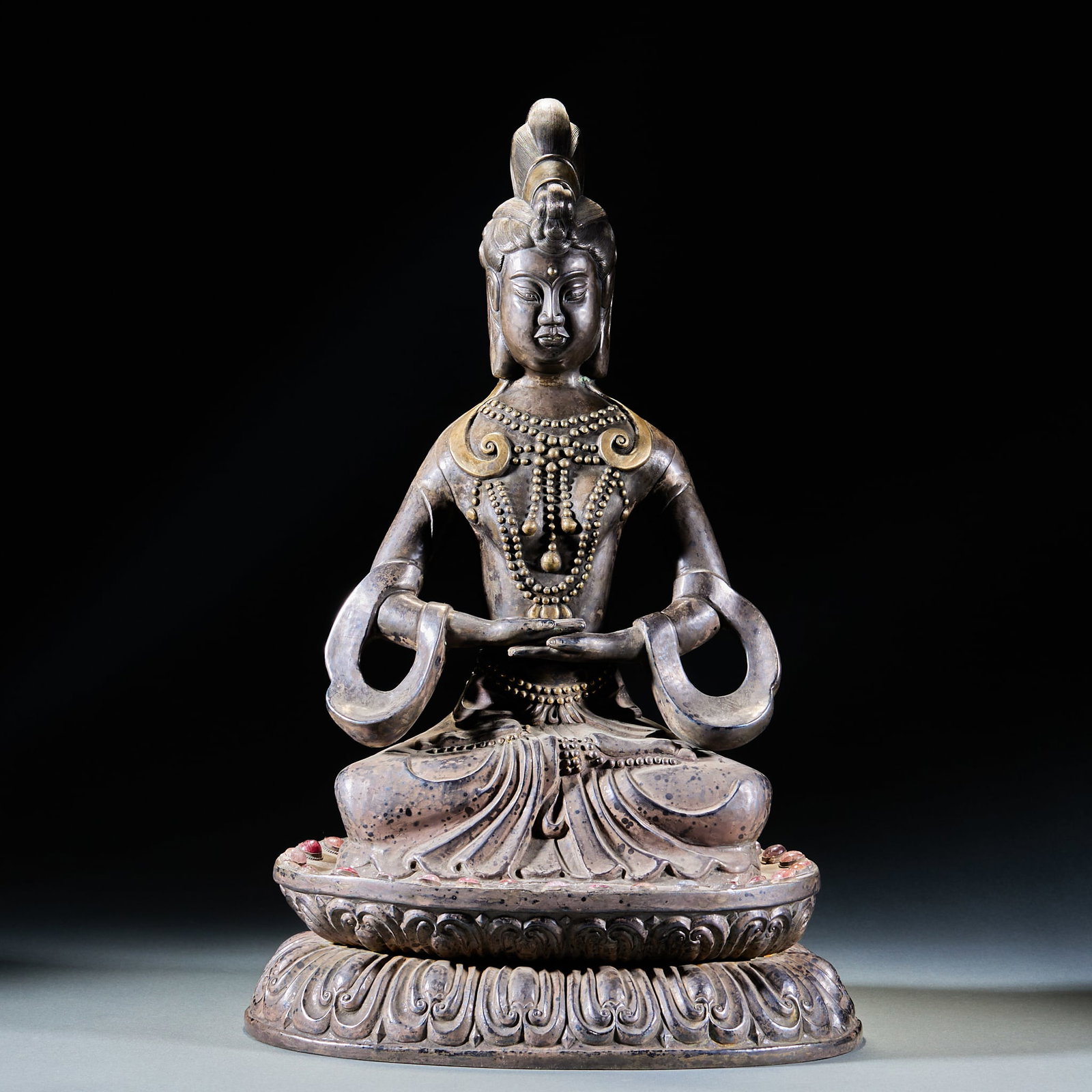Silver Gilt Statue of Longevity Bodhisattva: Silver Gilt Statue of Longevity BodhisattvaH 44 cm, L 28.5 cm, W 21.7 cm