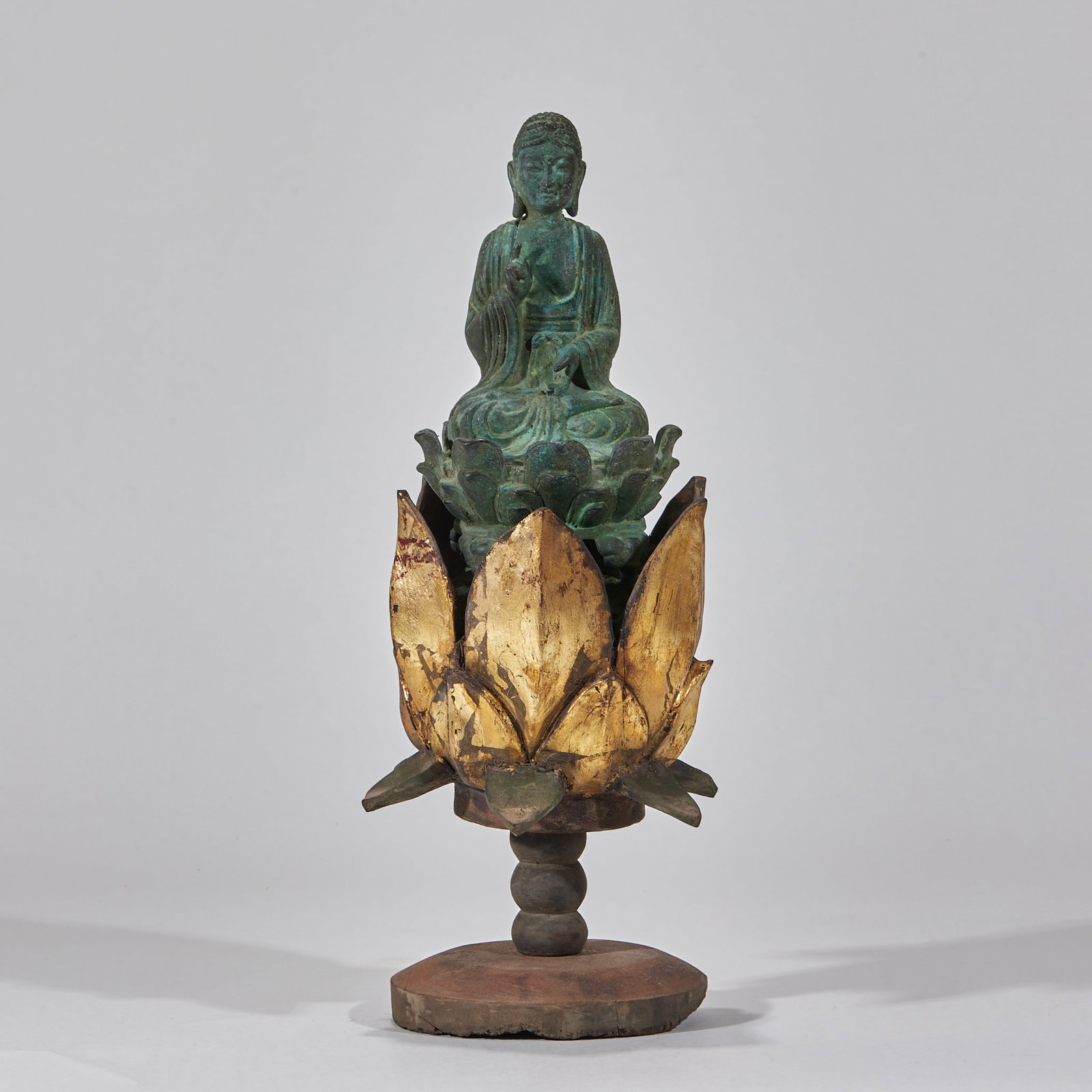 PreMing BronzeBody Seated Shakyamuni Buddha (Cypress Wood Base): PreMing BronzeBody Seated Shakyamuni Buddha (Cypress Wood Base)Overall H 35.5 cm, Buddha Figure H 20 cm, Diam. 10.5 cm