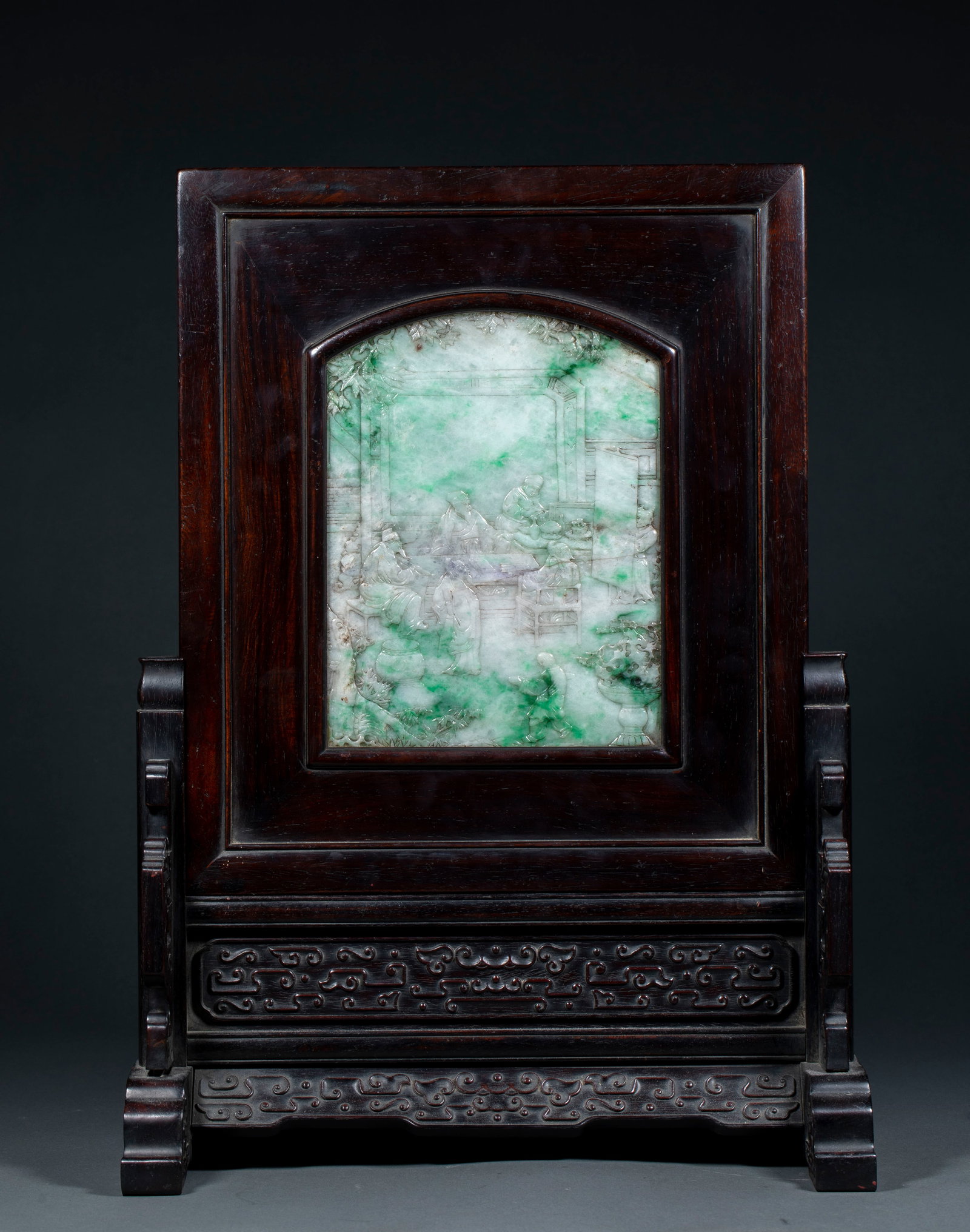 Qing Sandalwood Table Screen Inlaid with Emerald & Human Figure Reliefs: Qing Sandalwood Table Screen Inlaid with Emerald & Human Figure ReliefsH 47 cm, L 35 cm, W 18 cm