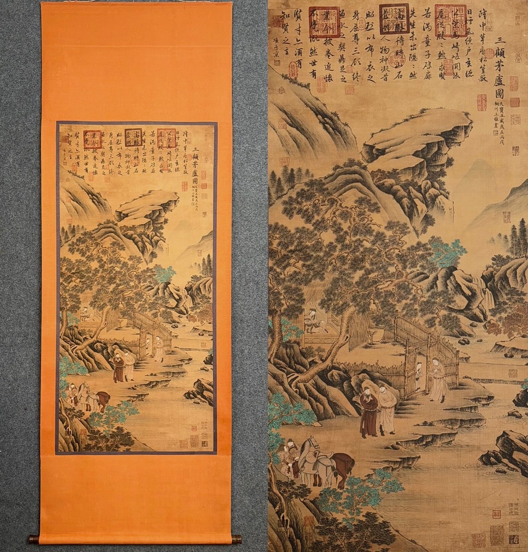 Silk Scroll Three Visits to the Cottage by Wang Wei: Silk Scroll Three Visits to the Cottage by Wang WeiPainting core: H 147 cm, W 70 cm