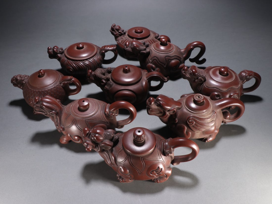 Complete Purple Clay NineDragon Tea Set, Signed Chen Mingyuan: Complete Purple Clay NineDragon Tea Set, Signed Chen MingyuanH 9.8 cm, W 20.7 cm