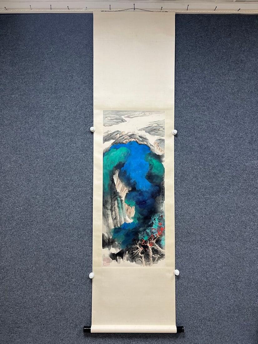 Vertical Paper Landscape Scroll Clear Melody Amid High Mountains by Zhang Daqian: Vertical Paper Landscape Scroll Clear Melody Amid High Mountains by Zhang DaqianH 103 cm, W 41 cm