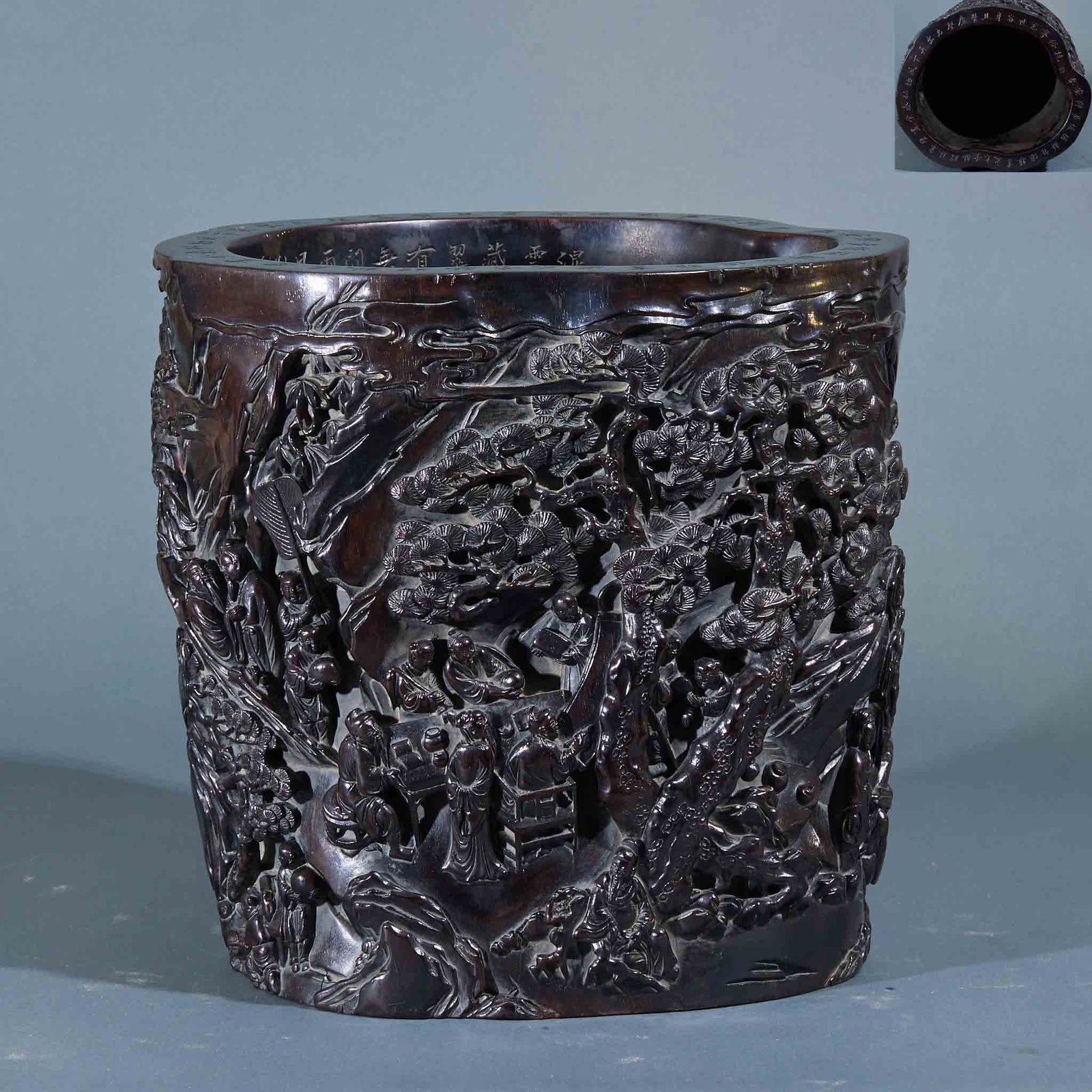 Sandalwood Brush Pot Carved with Narrative Figure Scenes: Sandalwood Brush Pot Carved with Narrative Figure ScenesH 27.3 cm, L 28.5 cm, W 24.5 cm