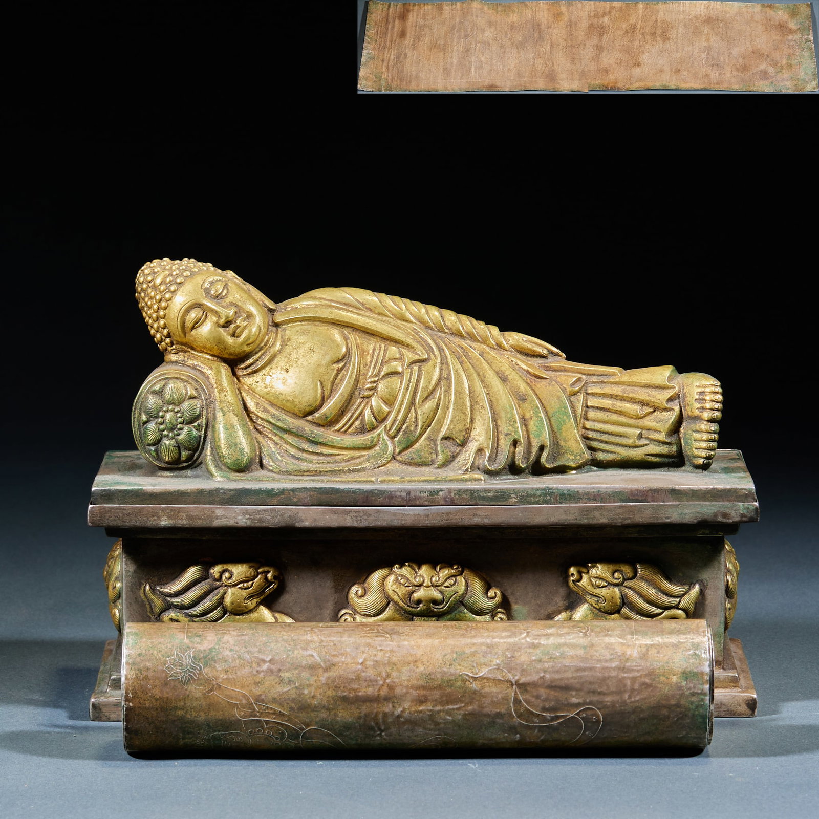Silver Gilt Reclining Buddha (Inner Chamber Contains Sanskrit Buddhist Manuscripts): Silver Gilt Reclining Buddha (Inner Chamber Contains Sanskrit Buddhist Manuscripts)H 12 cm, L 19 cm, W 8 cm; Sutra Scroll: L 75.5 cm, W 16 cm