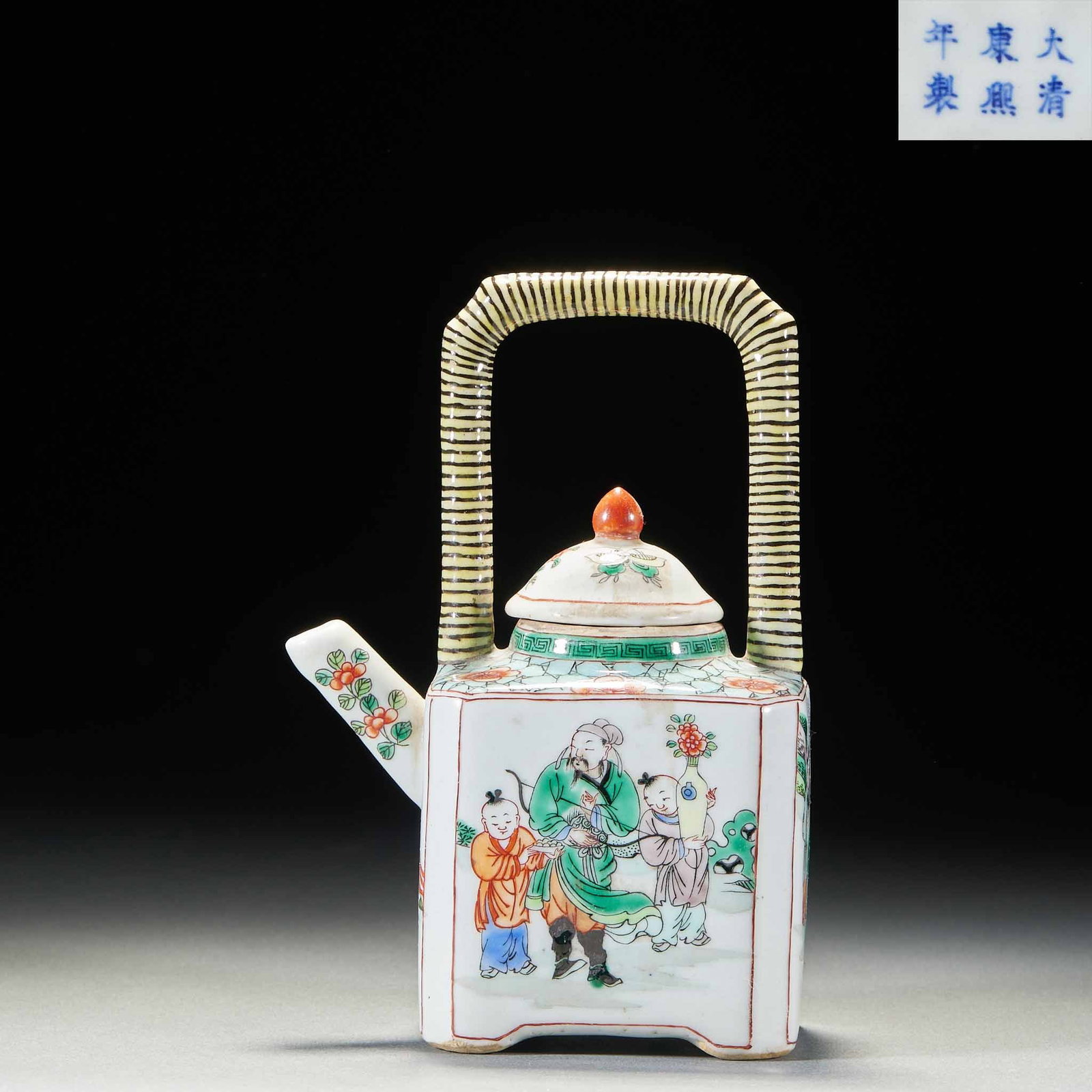 LiftingHandle Ewer with Narrative Figure Scenes, Famille Rose Ground, Marked Made in Kangxi Reign of: LiftingHandle Ewer with Narrative Figure Scenes, Famille Rose Ground, Marked Made in Kangxi Reign of Great QingH 17.5 cm, L 11.5 cm, W 6.5 cm