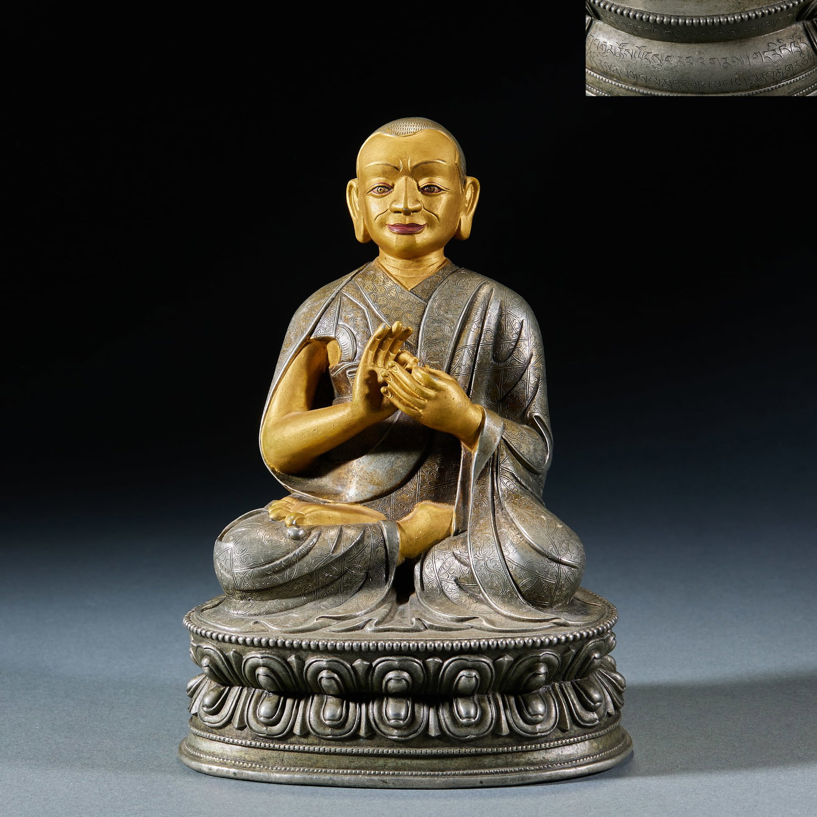 Silver Gilt Seated Statue of Lama Guru Buddha: Silver Gilt Seated Statue of Lama Guru BuddhaH 28 cm, L 13 cm, W 10.5 cm