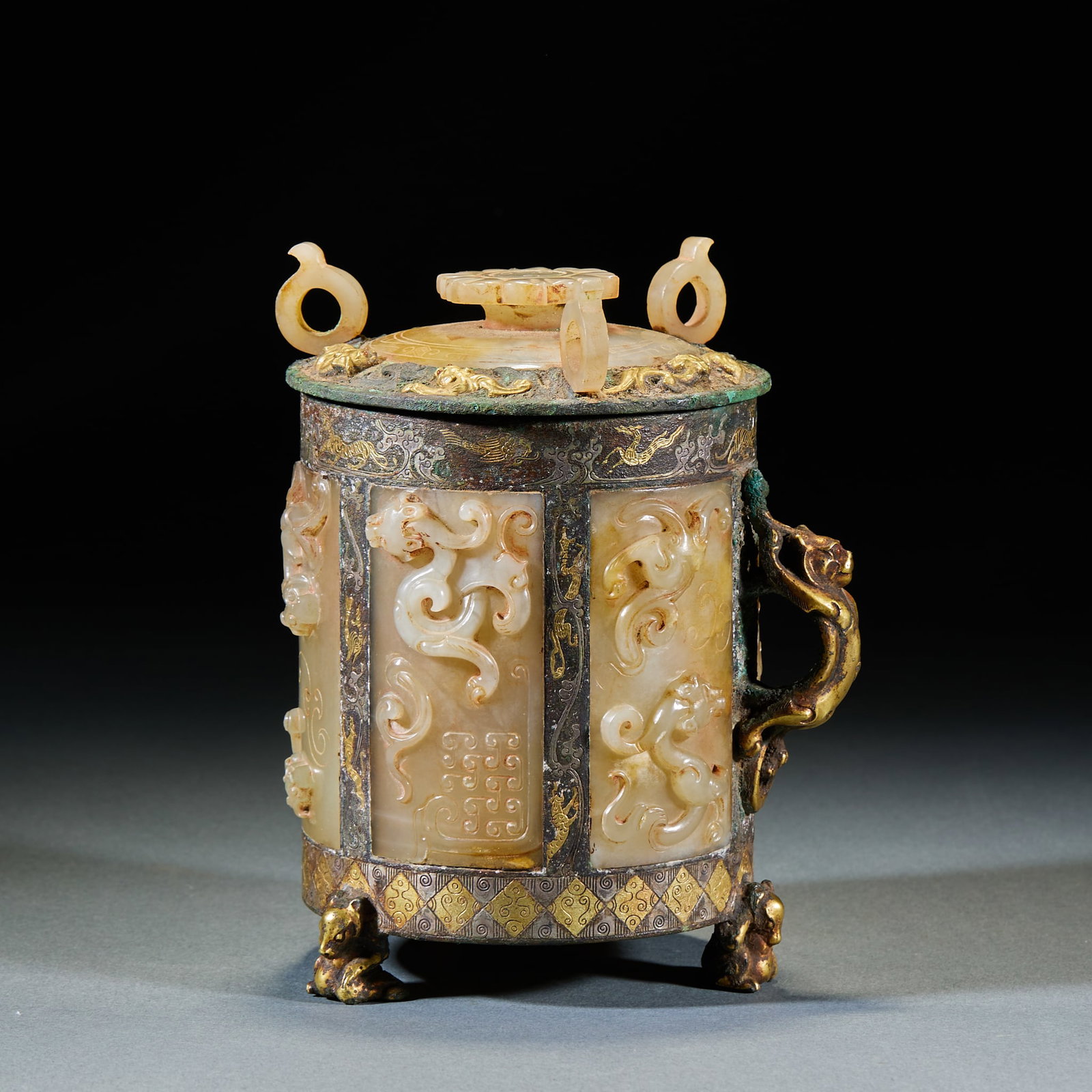 Warring StatesHan Divine Beast Cup with Gold & Silver Inlay and Jade Inserts: Warring StatesHan Divine Beast Cup with Gold & Silver Inlay and Jade InsertsH 15 cm, Diam. 10 cm