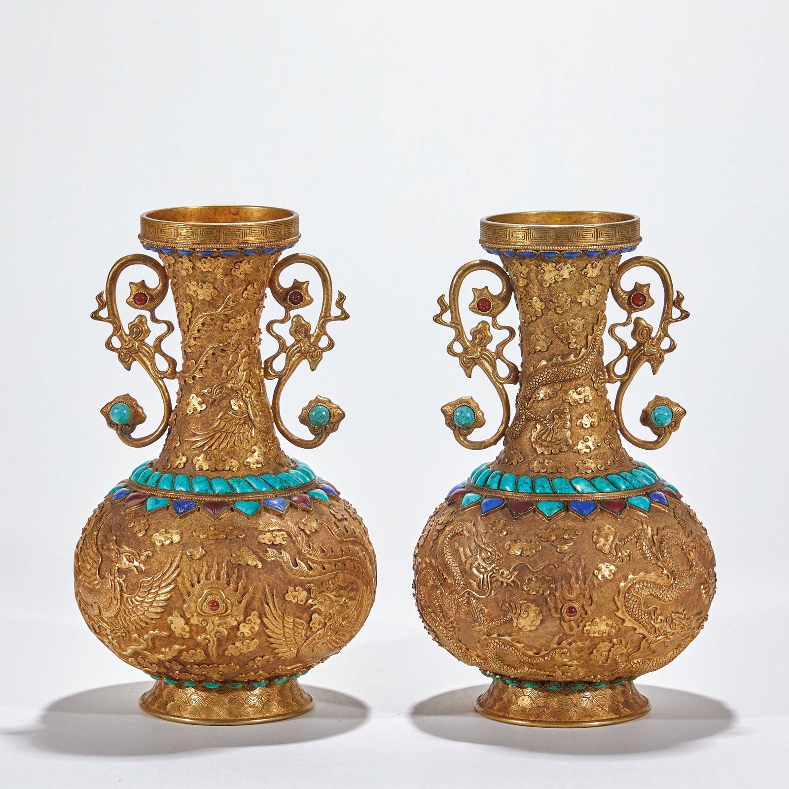 Pair of Gilt Bronze Appreciation Vases Inlaid with Dragon & Phoenix Patterns (1 of 8)