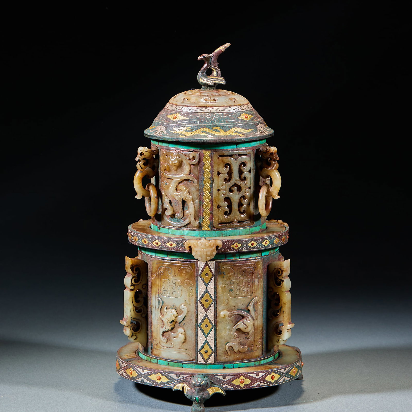 Warring StatesHan PhoenixHead Incense Burner with Gold & Silver Inlay, Turquoise and Jade Inlay: Warring StatesHan PhoenixHead Incense Burner with Gold & Silver Inlay, Turquoise and Jade InlayH 27 cm, Diam. 13 cm