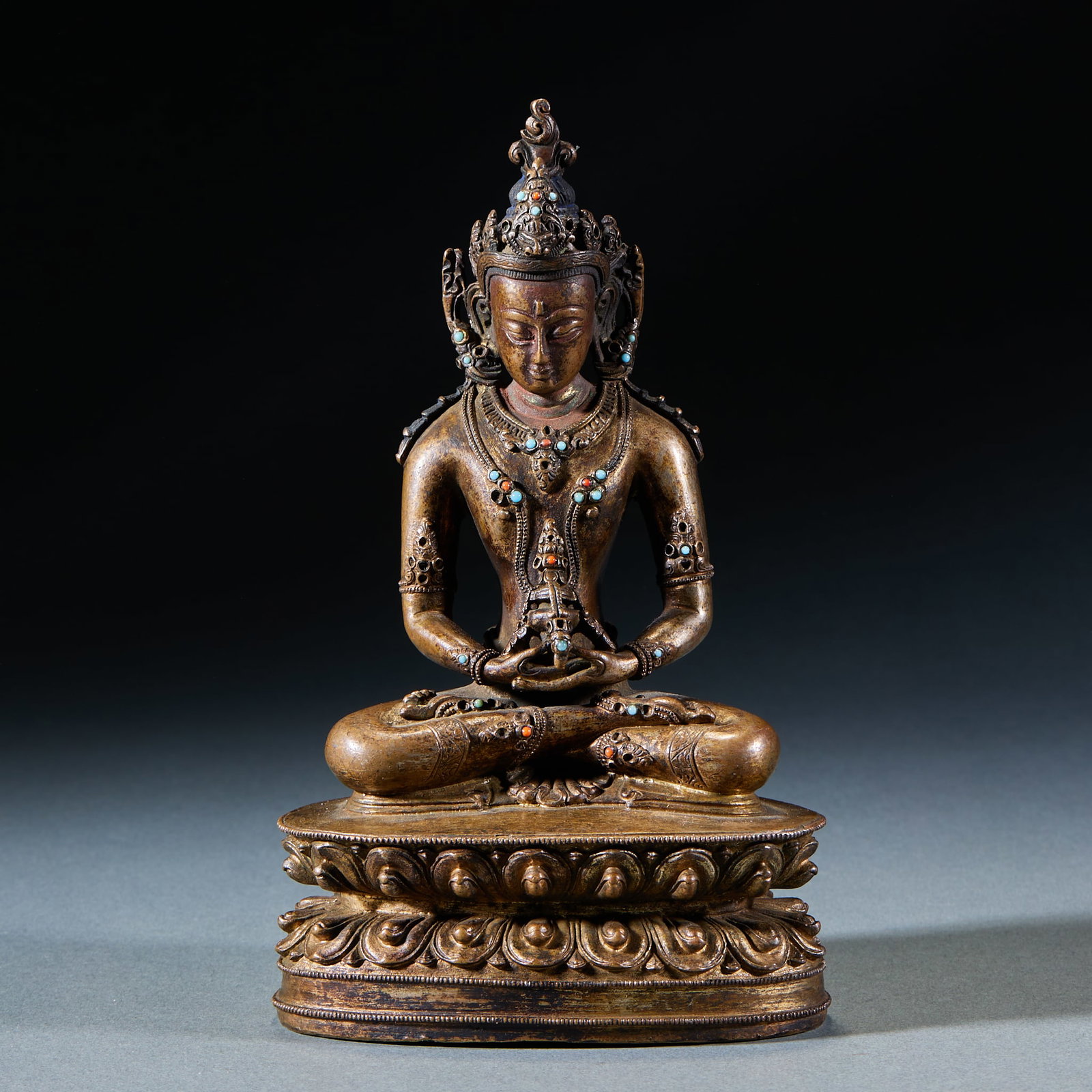 GemInlaid Gilt Bronze Statue of Amitayus Buddha: GemInlaid Gilt Bronze Statue of Amitayus BuddhaH 18 cm, L 11 cm, W 8 cm