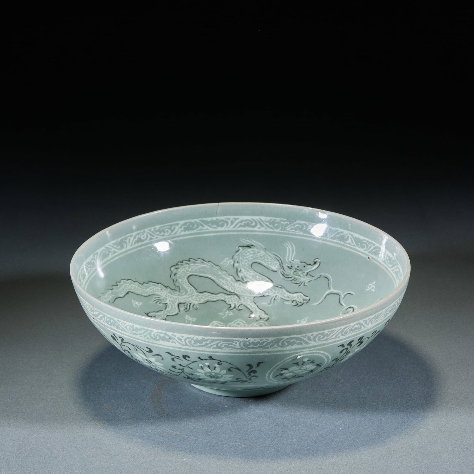 Goryeo Celadon Bowl with Dragons Chasing the Pearl Motifs: Goryeo Celadon Bowl with Dragons Chasing the Pearl MotifsH 7 cm, Diam. 20 cm