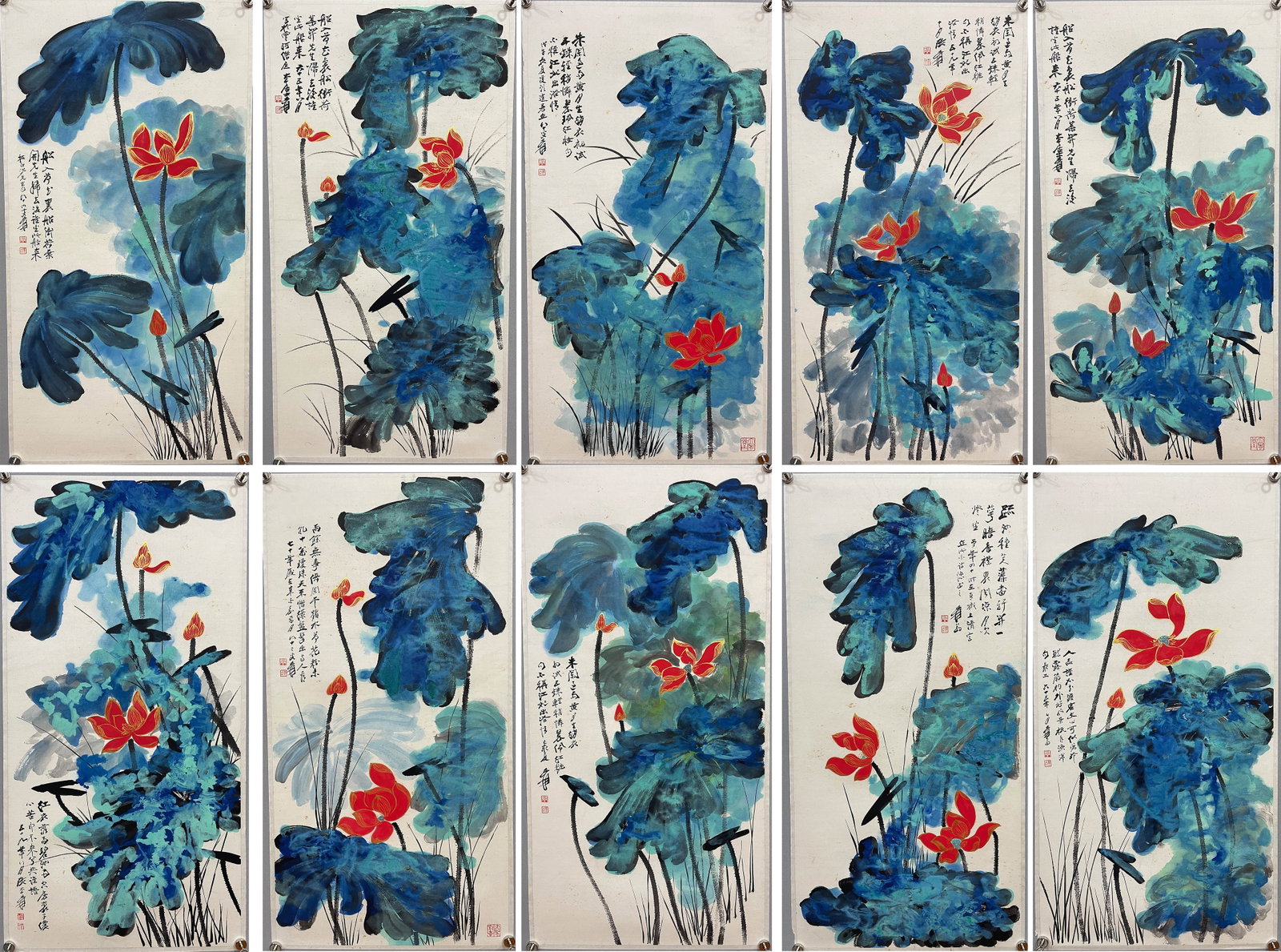 Set of Ten Splashed Ink Lotus Paintings by Zhang Daqian: Set of Ten Splashed Ink Lotus Paintings by Zhang DaqianPainting core: L 100 cm, W 50 cm