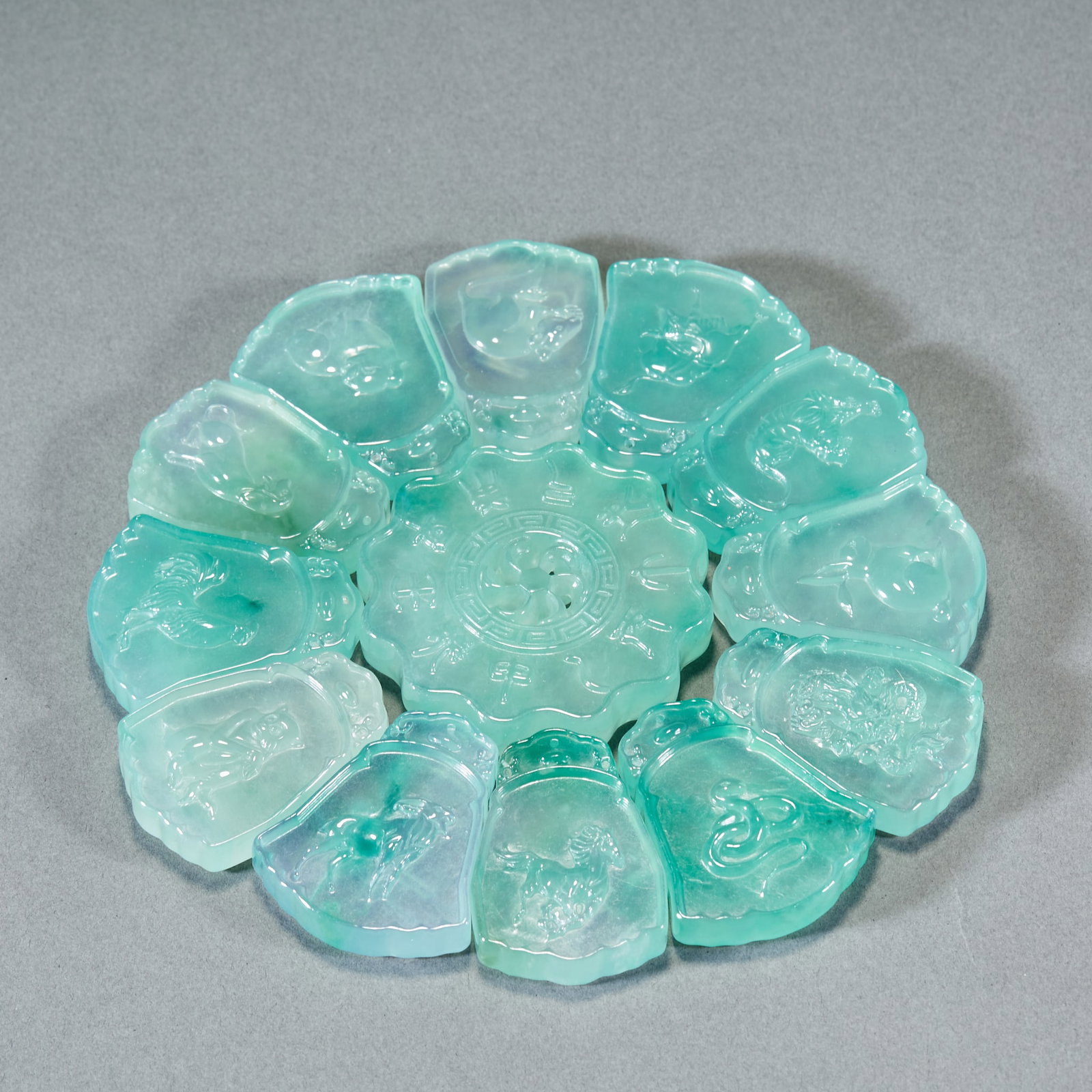 Set of Ice Light Green Jadeite Twelve Zodiac Ornaments: Set of Ice Light Green Jadeite Twelve Zodiac OrnamentsL 5 cm, W 4.2 cm