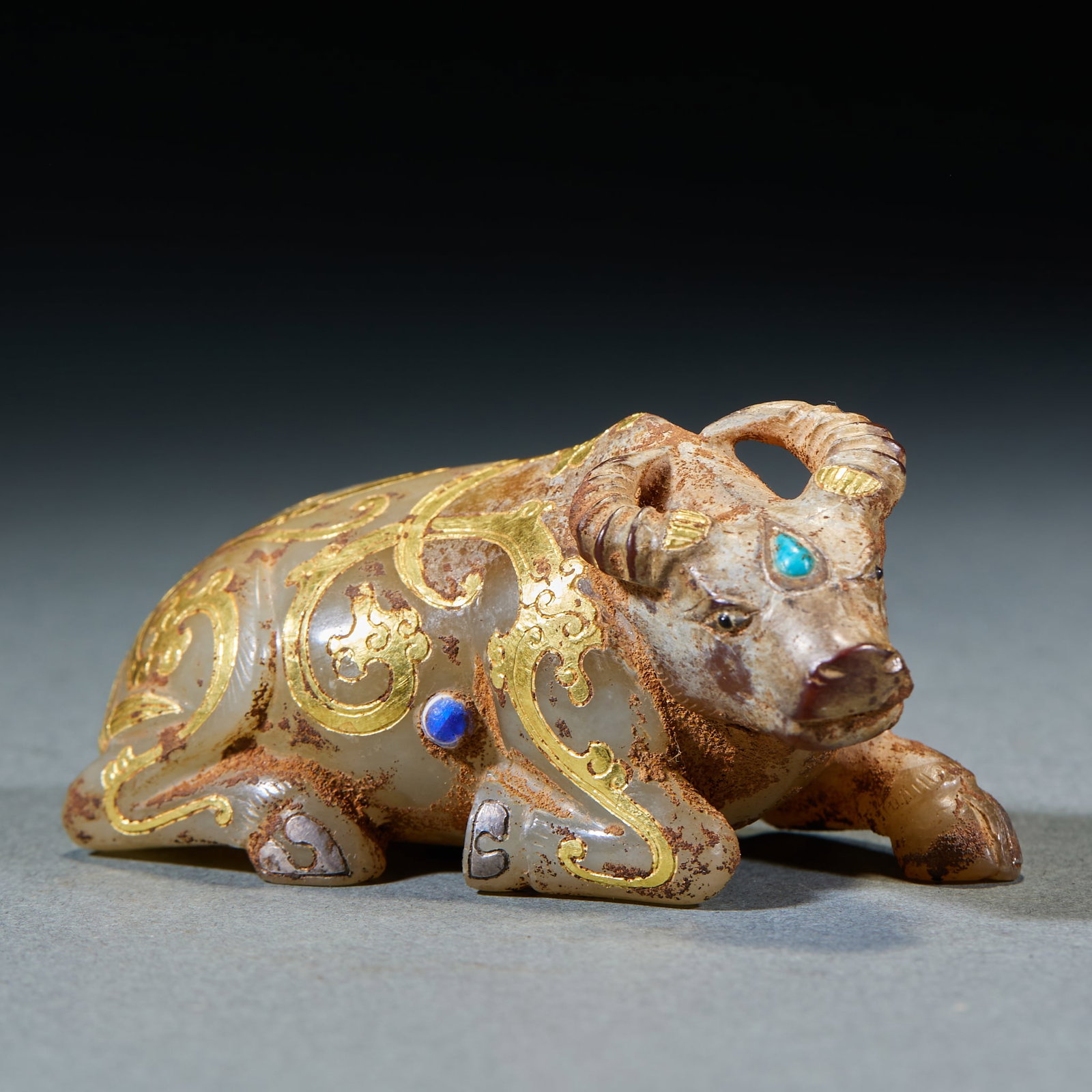 GoldInlaid Jade Ox Ornament: GoldInlaid Jade Ox OrnamentH 3.5 cm, L 7 cm, W 3.5 cm