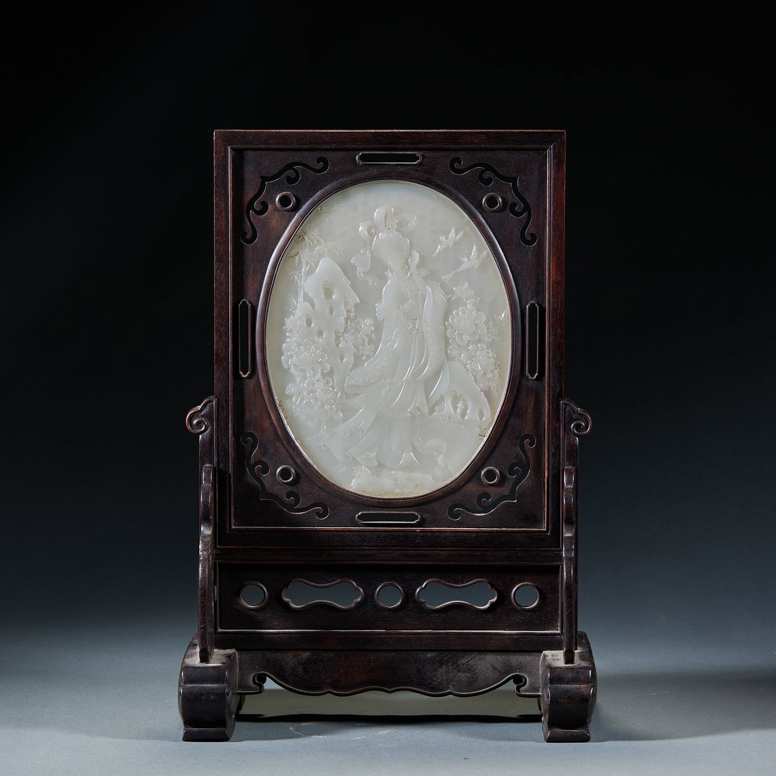 Hetian Jade Table Screen Carved with Court Ladies and Poetic Verses: Hetian Jade Table Screen Carved with Court Ladies and Poetic VersesH 37 cm, L 25 cm