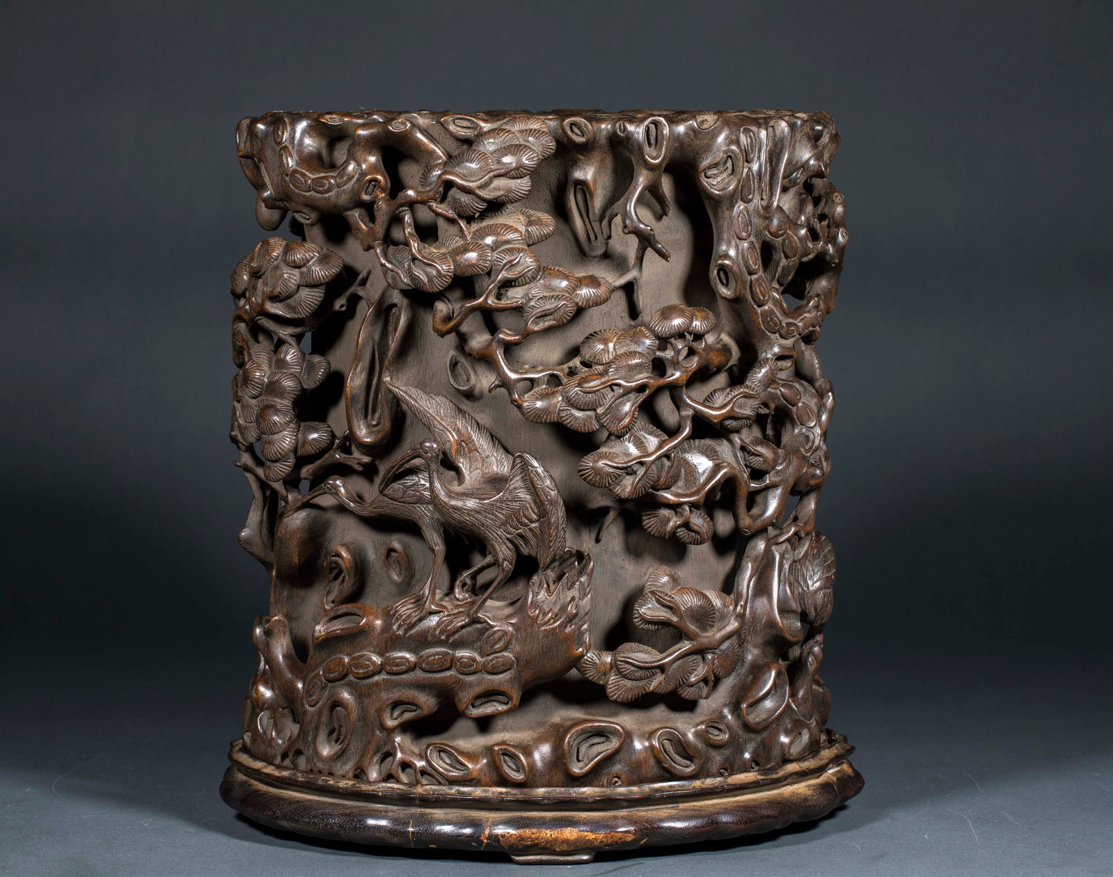 Agarwood Brush Pot with Pines and Cranes Symbolizing Longevity (1 of 15)