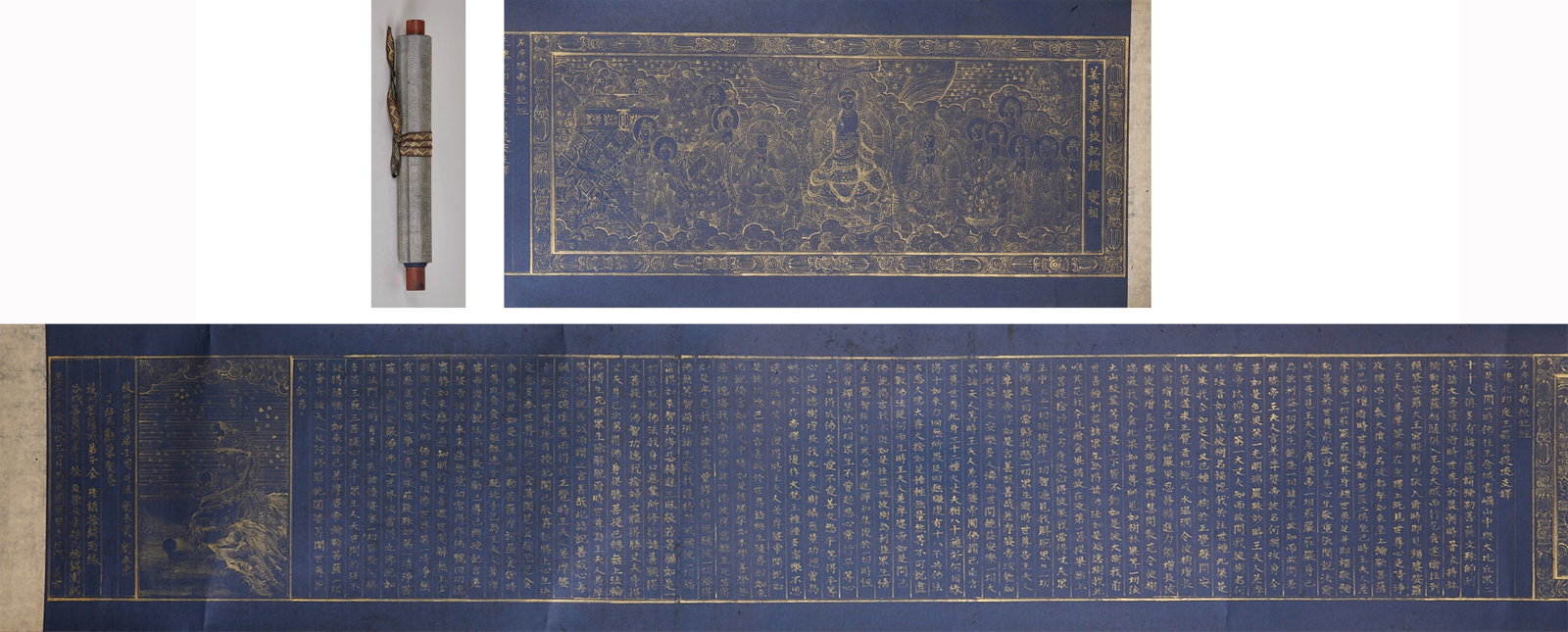 The transverse axis of the memorial sutra of Mopo Di was copied by hand.: Scroll system, the scroll is based on dark blue magnetic blue paper, and the scriptures are written in clay gold throughout. The frontispiece draws a diagram depicting the Buddha and his disciples,