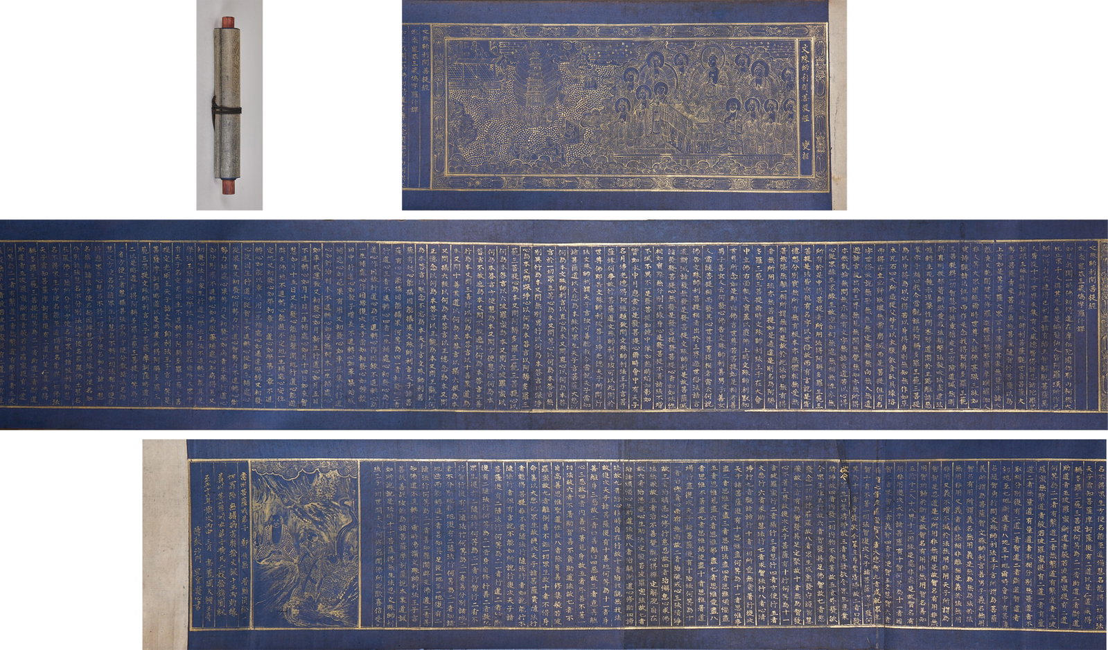 Hand-written description of the Manjusri Master Li Wen Bodhi Sutra: Scroll loading, with wooden scroll. Based on the blue magnetic blue paper, the text is written in clay gold. At the beginning of the volume, a picture of Buddha's statement is drawn, and at the end, a