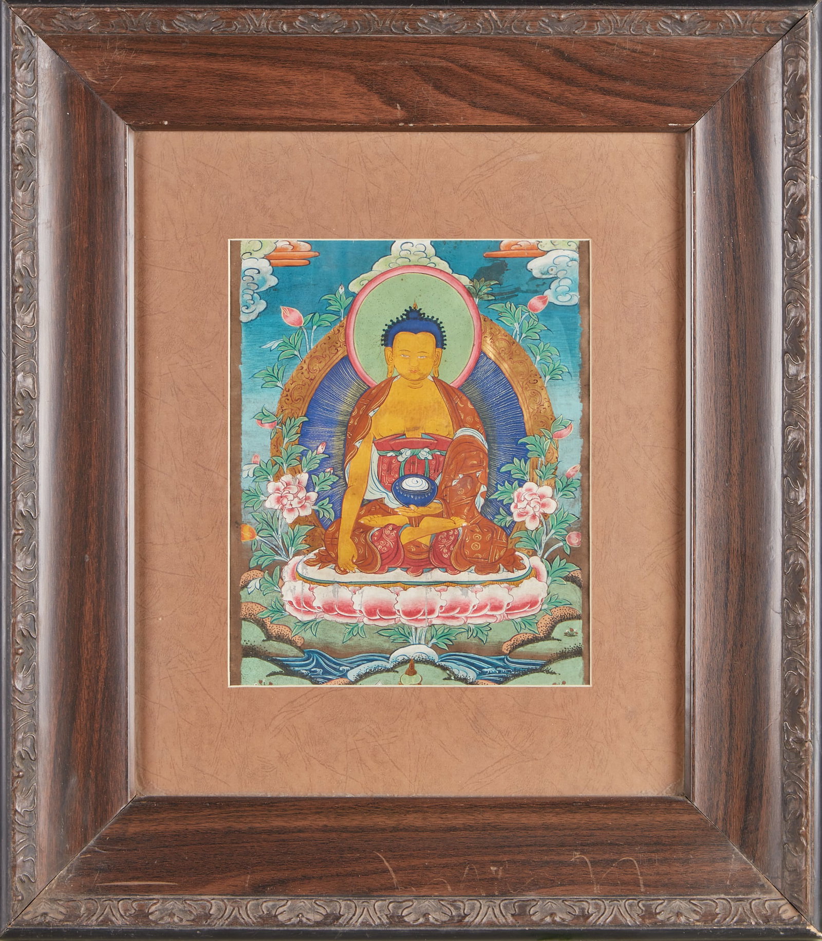 Picture frame pharmacist Buddha mineral color thangka: Framed Thangka, the main statue of Sakyamuni in the picture, with golden color, touching the ground, holding a bowl in his left hand and sitting in the lotus seat. Draw the head light and backlight