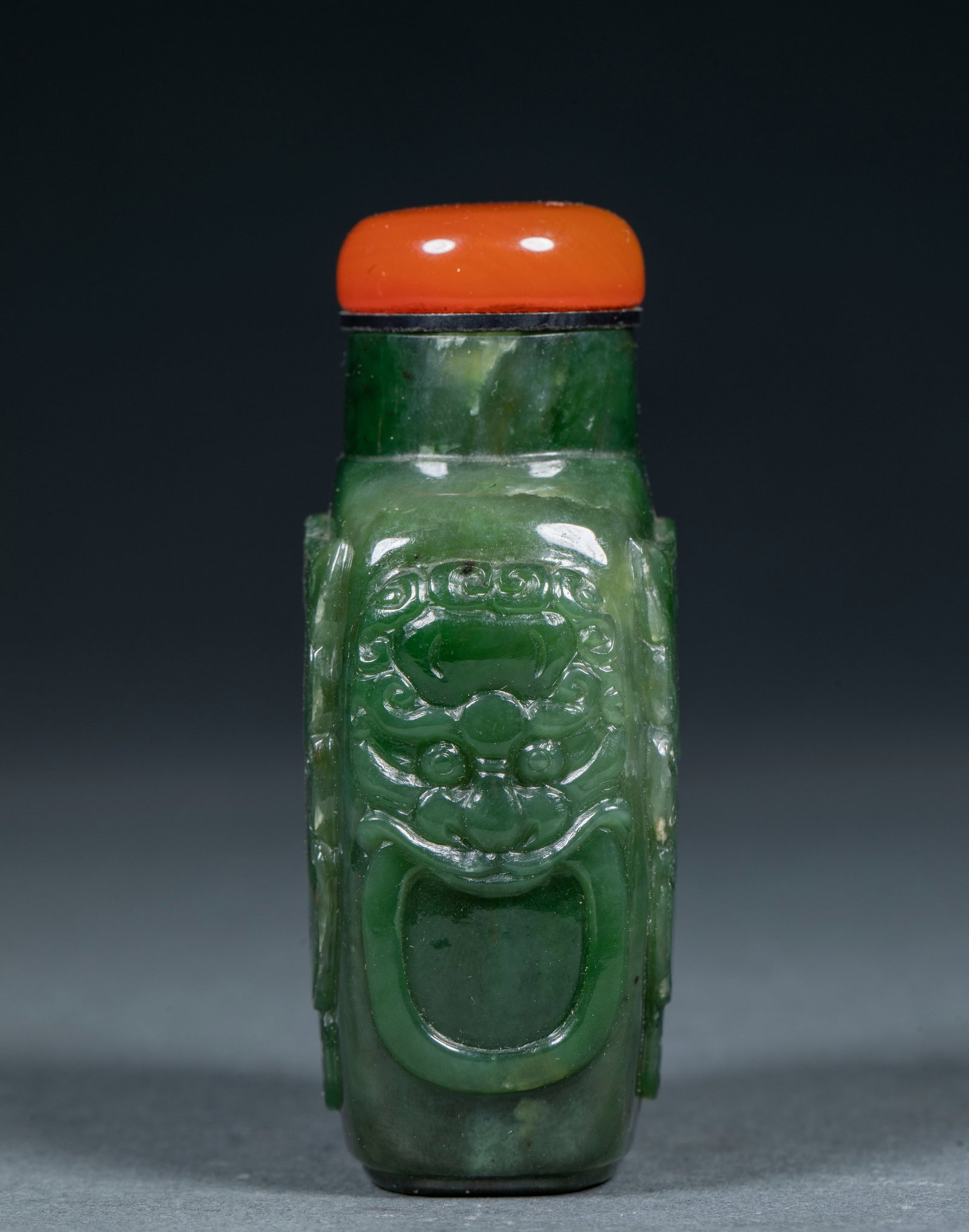 Jade embossed animal face snuff bottle - 3