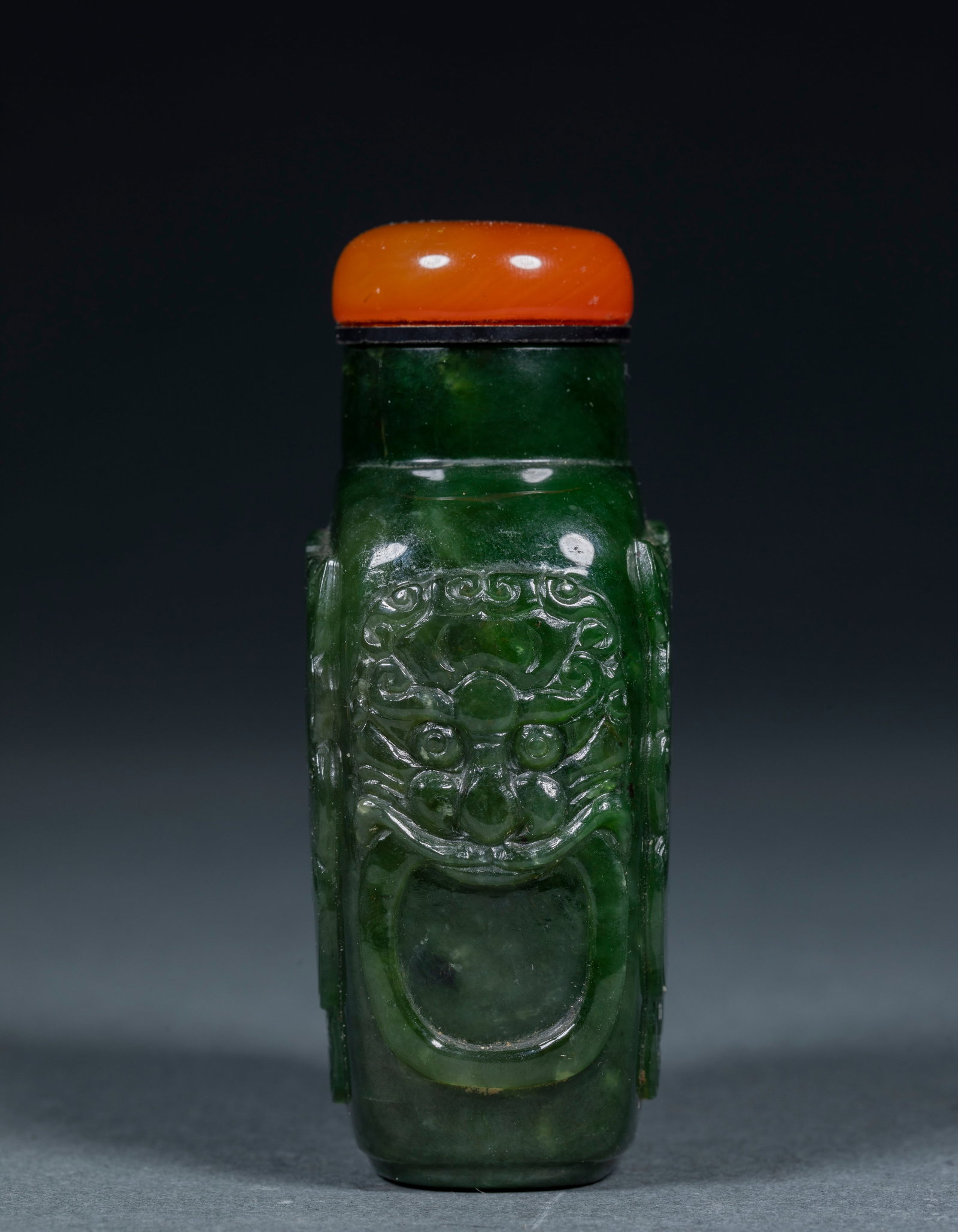 Jade embossed animal face snuff bottle - 6
